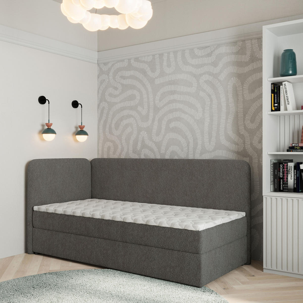 BOXBETT GINA 100x200 cm mit Matratze und Topper, H2+H3 - Grau - Grau, Holz (100/200cm) - MASSENO