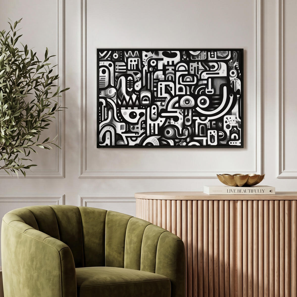 LEINWAND Bilder mit Rahmen - Symbole - Abstrakt - Grafik - Schwarz - 60x40 - Schwarz, Textil (60/40cm) - MuchoWow