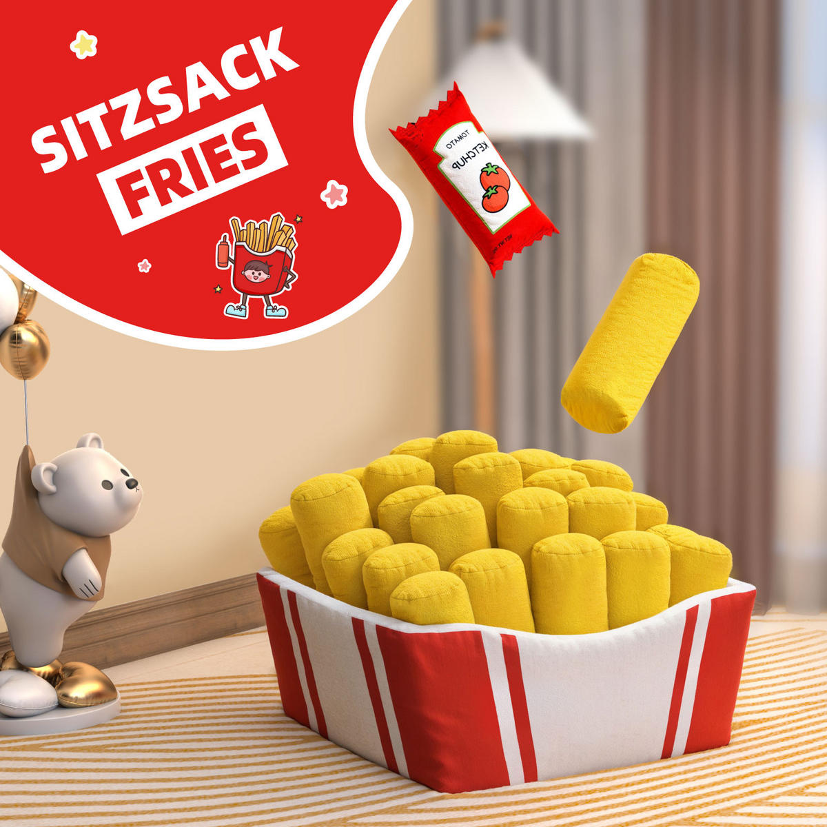 SITZSACK Pommes mit herausnehmbaren Kissen - Gelb/Rot, Textil (72/45/80cm) - Vercart