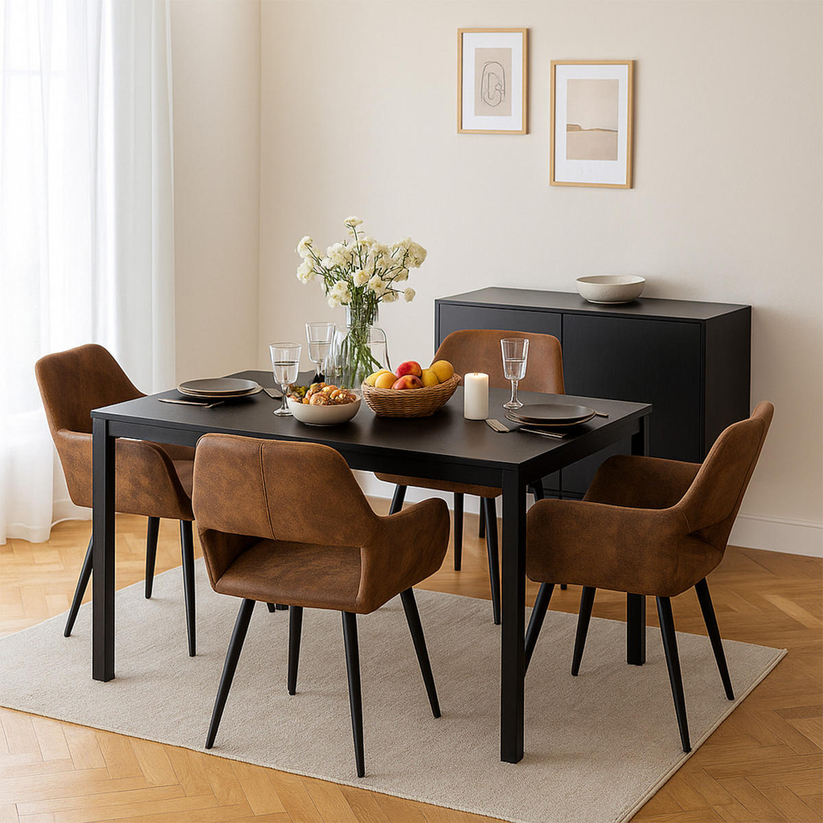 ESSGRUPPE 1 Tisch & 4 Suede Armlehnenstühle Braun - Schwarz/Braun, Textil/Metall (56/78/56cm) - Meubles Cosy