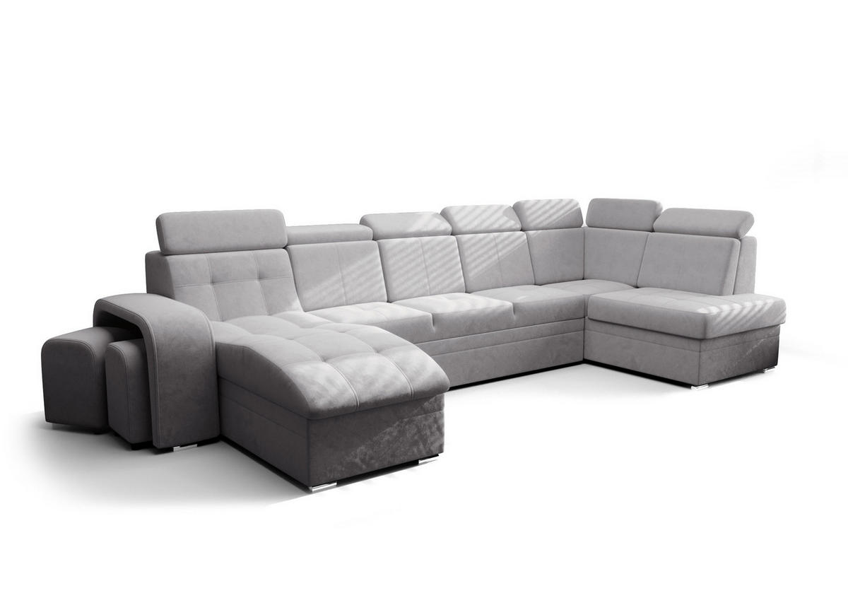 WOHNLANDSCHAFT KONGO RBN13, Eckcouch in U-Form mit Schlaffunktion, Farbe: Grau, Velourstoff, Ottomane Links - Grau, Textil (392/108/180cm) - O-Sofa