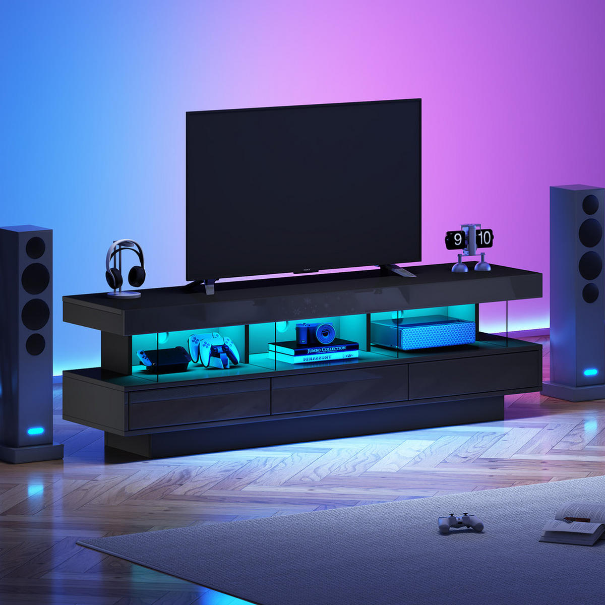 TV-STÄNDER 160x38cm Hochglanz LED-Beleuchtung App-Steuerung Schwarz Glasablagen - Schwarz, Holz (40.5/29/63.5cm) - FLIEKS