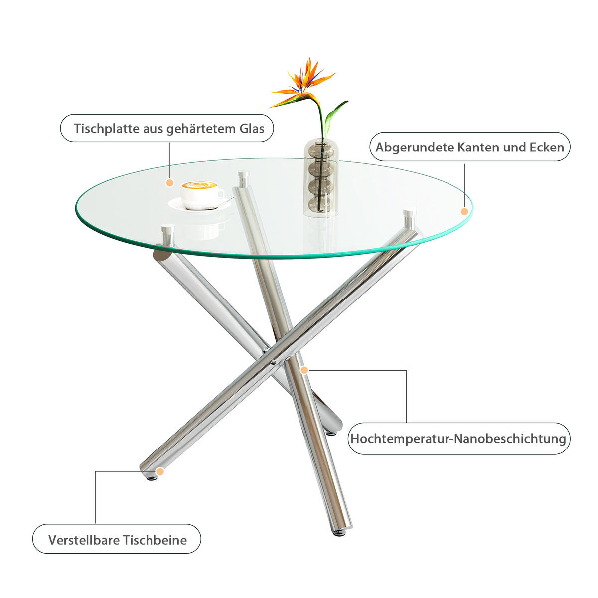 ESSTISCH 80/80/76 cm silber aus Glas mit verstellbaren Gleitern - Silberfarben, Metall (80/80/76cm) - OKWISH