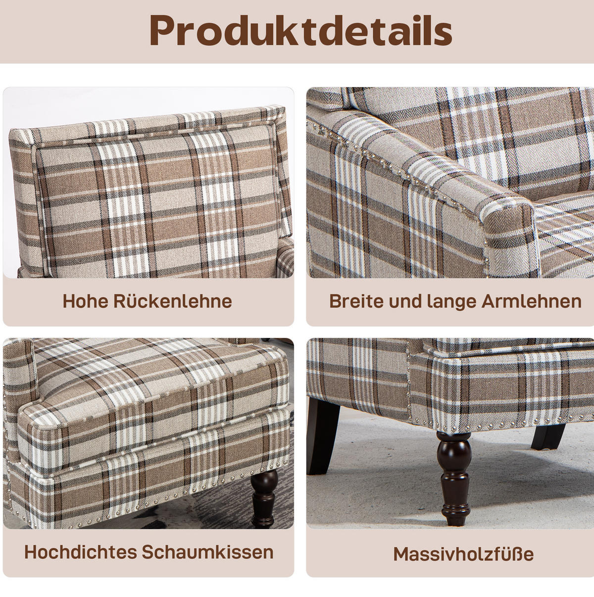 SESSEL in Braun/Weiß aus Baumwoll-Leinen mit Holzgestell,69/69/89 cm - Braun, Textil (69/89/69cm) - BEAOK