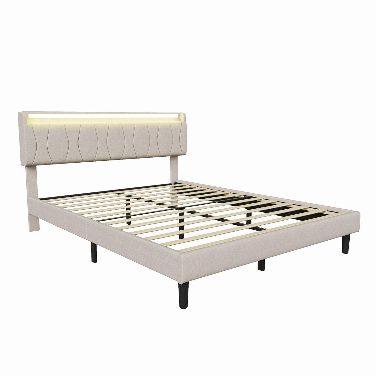 POLSTERBETT 160x200 cm mit LED & USB, Lattenrost, Beige - Beige, Metall (160/200cm)