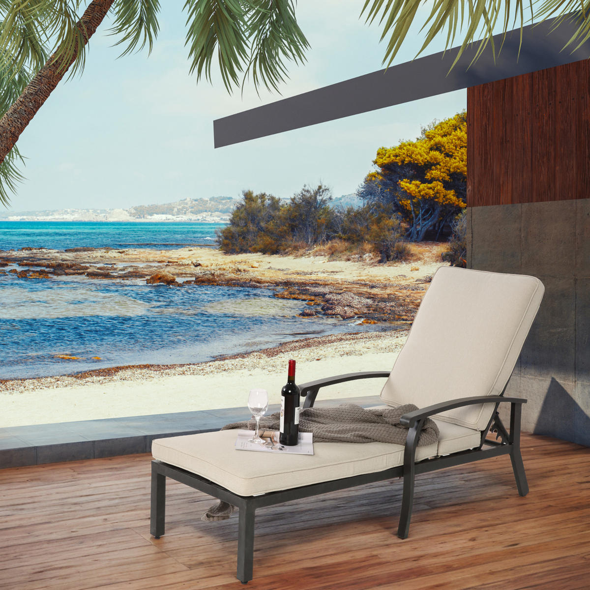 LOUNGE STUHL Patio Stuhl mit Baumwollkissen Beige 2-tlg - Beige, Metall (58/100/204cm) - ComfortXL