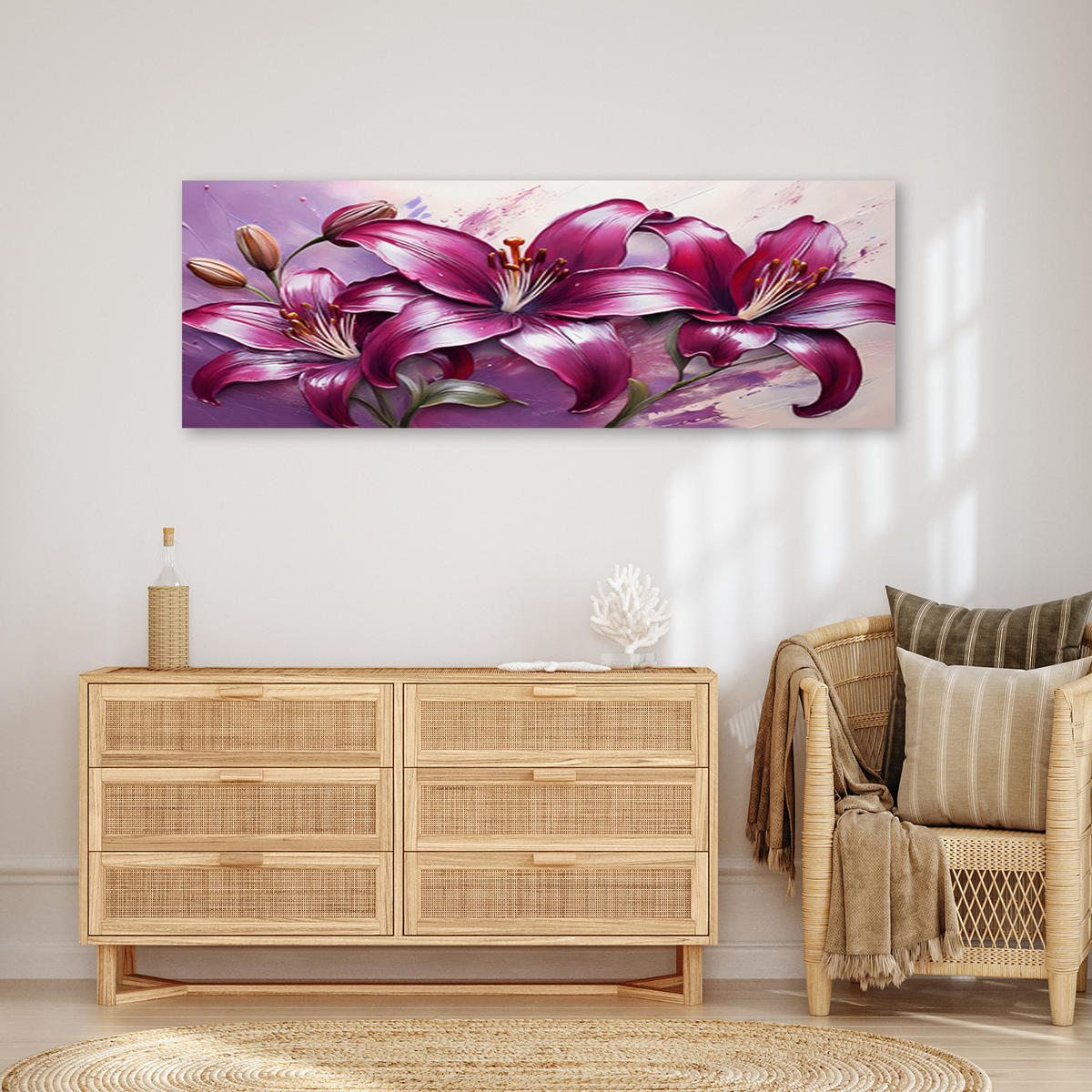 WANDBILD lilienblüten lila bemalt - Lila, Textil (90/30cm) - Feeby