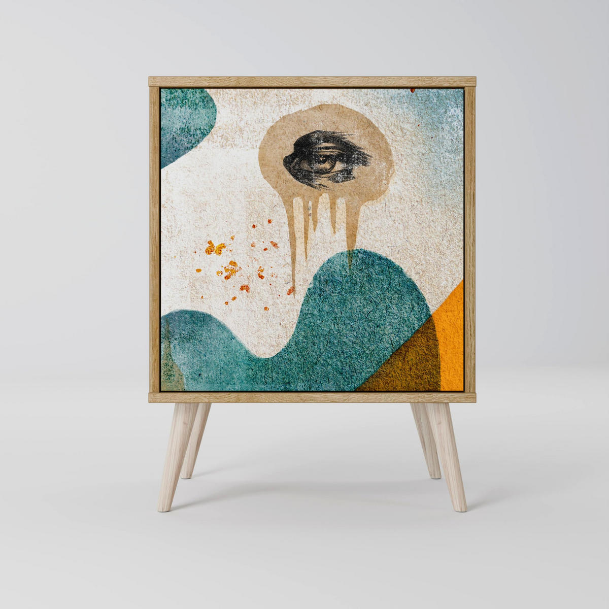 SIDEBOARD ABSTRACT FACES, Grau, 57,5x42x75,5 cm, Goldfarbene Metallfüße - Goldfarben/Multicolor, Holzwerkstoff/Metall (57.5/75.5/42cm) - SpaceRebels