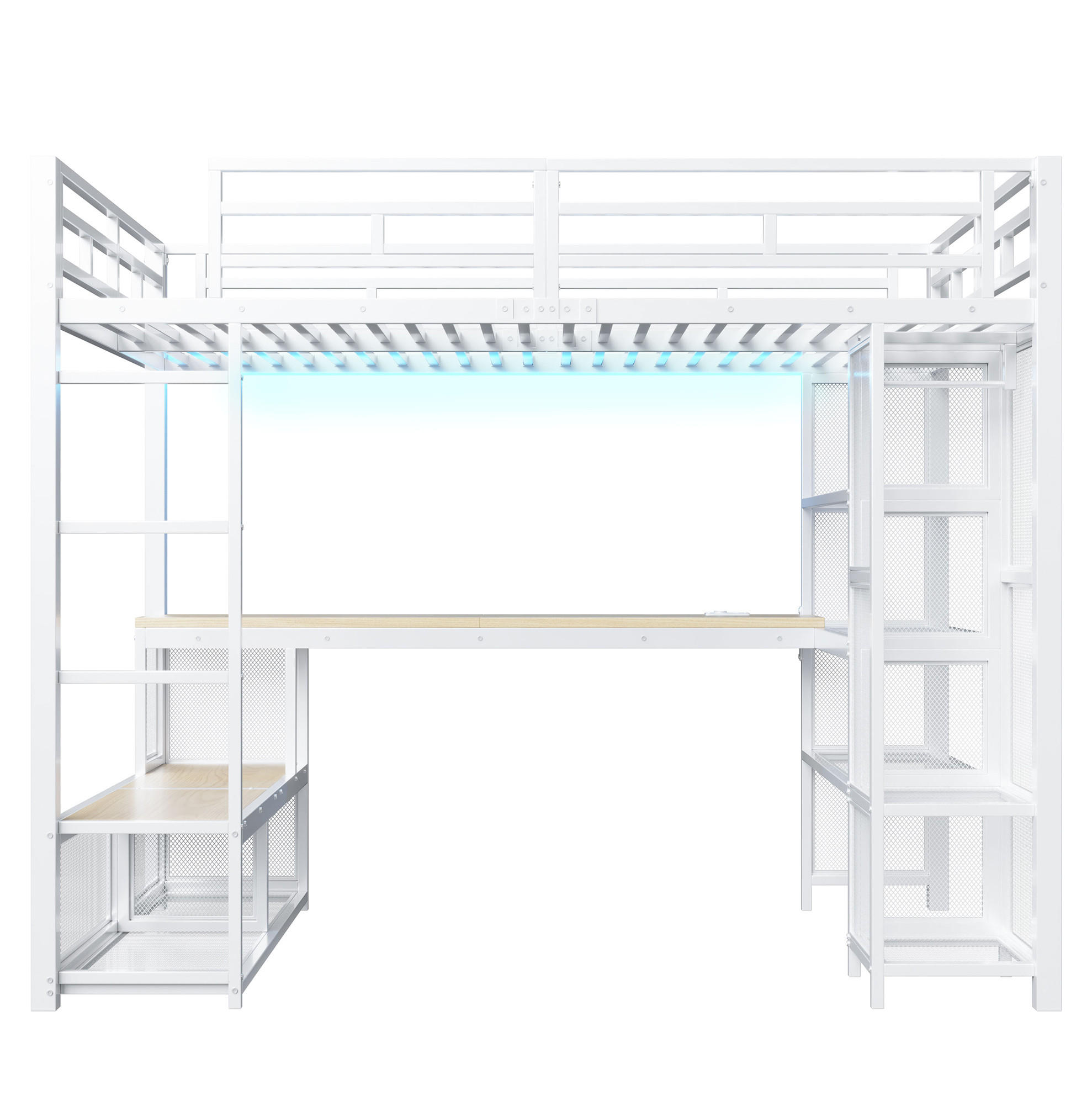HOCHBETT 140/200 cm aus Metall und MDF mit Schreibtisch Kleiderschrank LED und USB-Anschluss Weiß - Weiß, Holzwerkstoff (140/200cm) - Modenvie