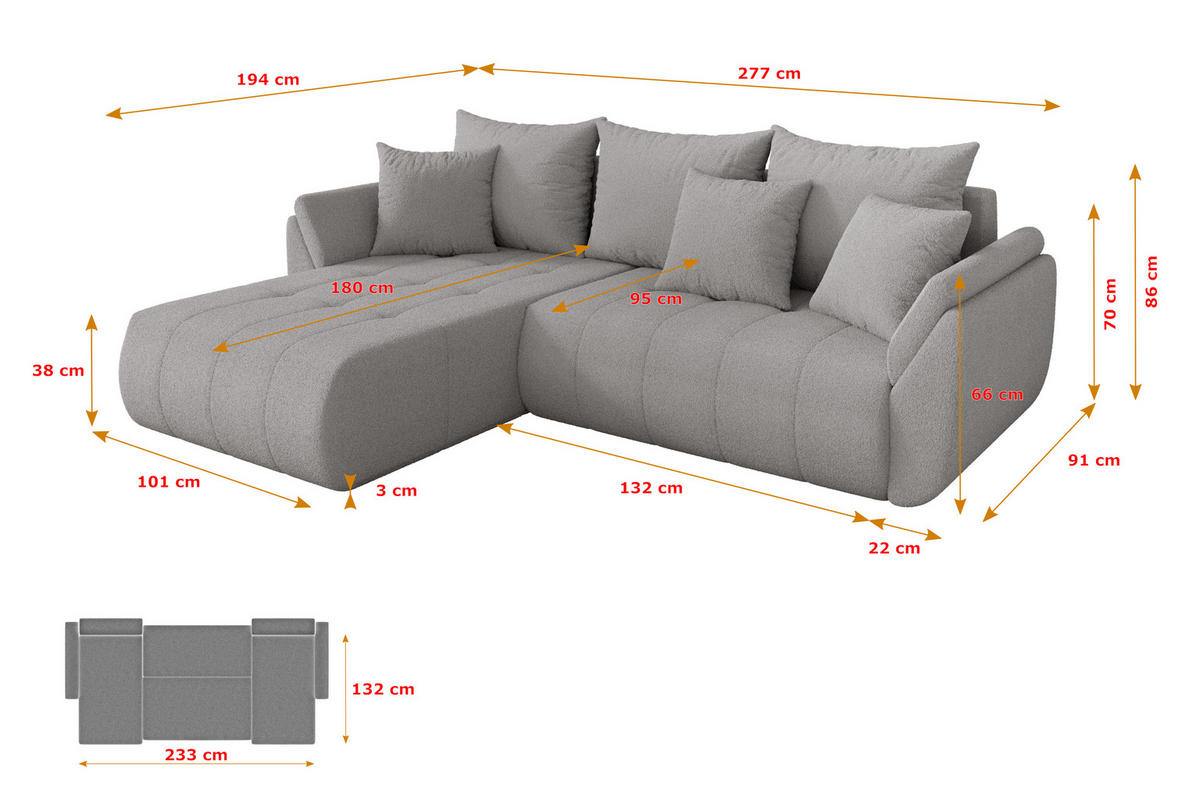 ROHOVÁ SEDAČKA s funkcí spaní, otoman vlevo TOKO-L 277x194x86 světle šedá bouclé - černá/stříbrná, kompozitní dřevo/textil (277/194cm) - ALTDECOR