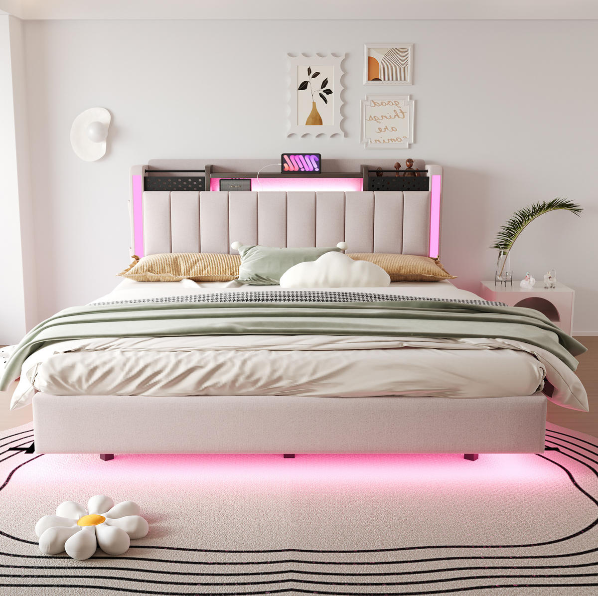POLSTERBETT 160/200 cm Beige mit LED-Beleuchtung und Stauraum im Kopfteil - Beige, Textil (160/200cm) - Flora Grace