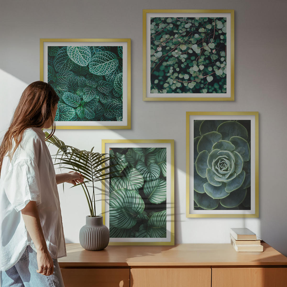 BILDER SET 4er Set - 50x50 cm & 40x60 cm Goldrahmen - Grüne, saftige Blätter - Goldfarben, Kunststoff (50/50cm) - TULUP