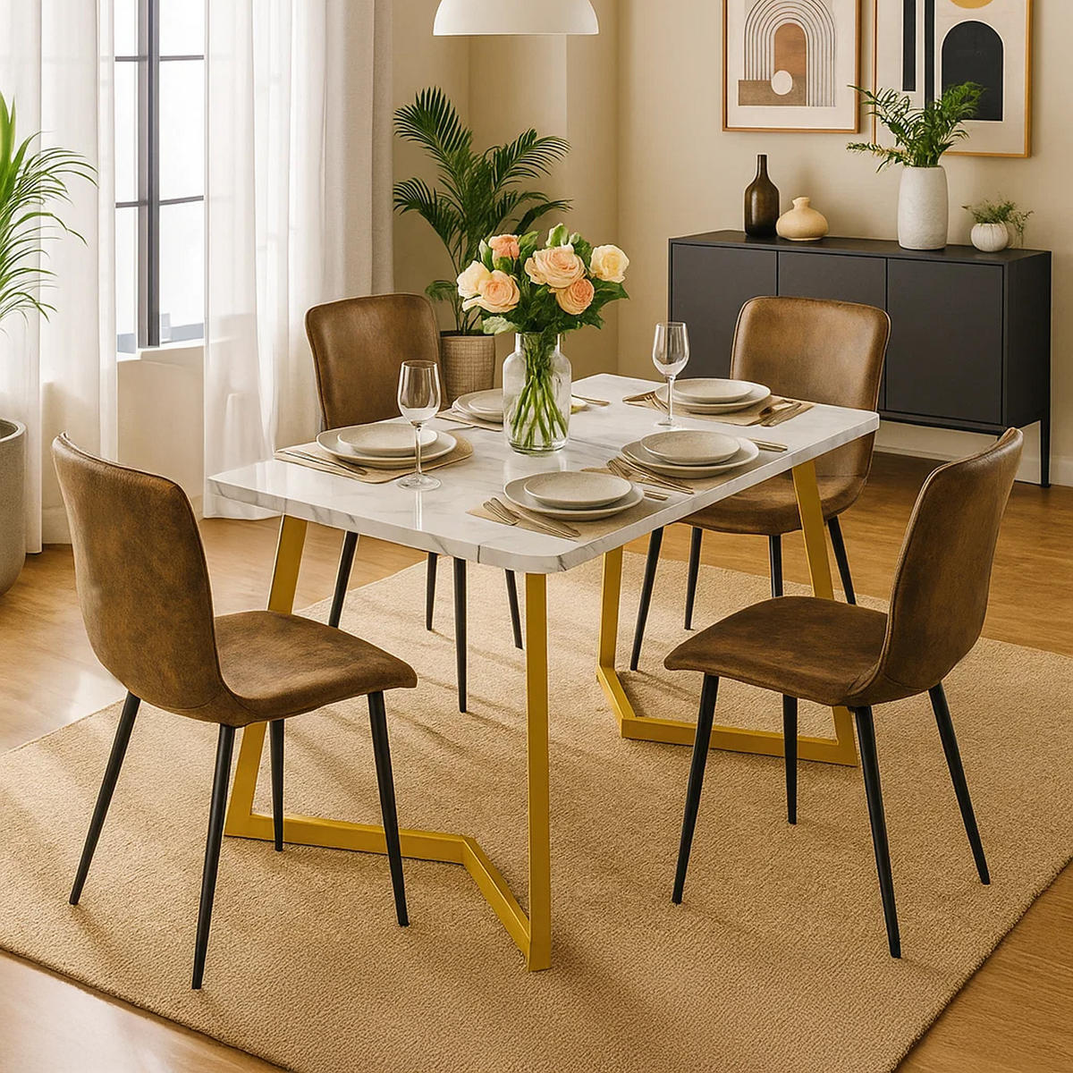 ESSTISCH SET Marmoroptik Weiß mit 4 Stühlen Wildlederoptik Braun - Braun, Holzwerkstoff (117/75/68cm) - Urban Meuble