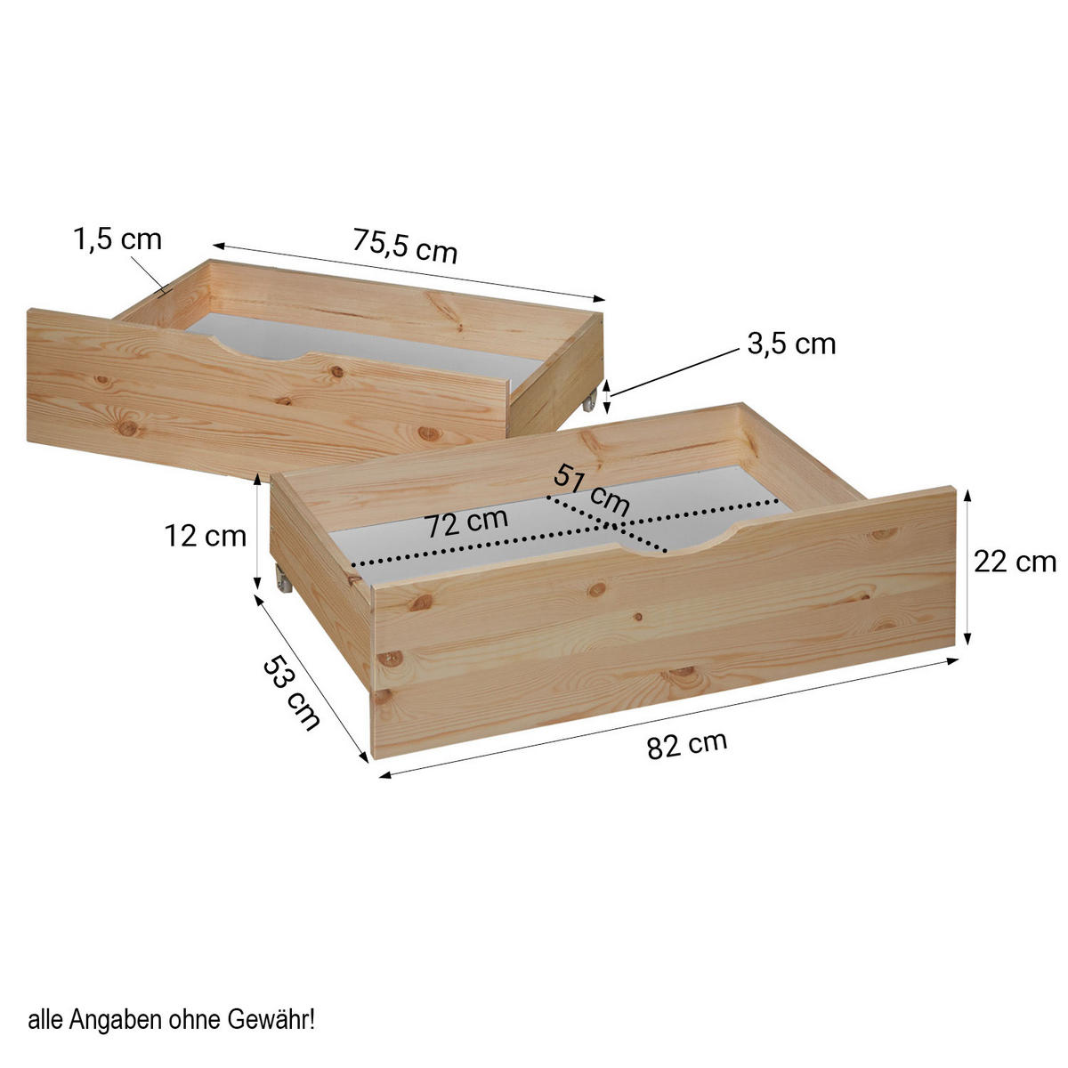BETTSCHUBKASTEN 2er Set Natur 82/53,3 cm - Braun, Holz - Homestyle4u