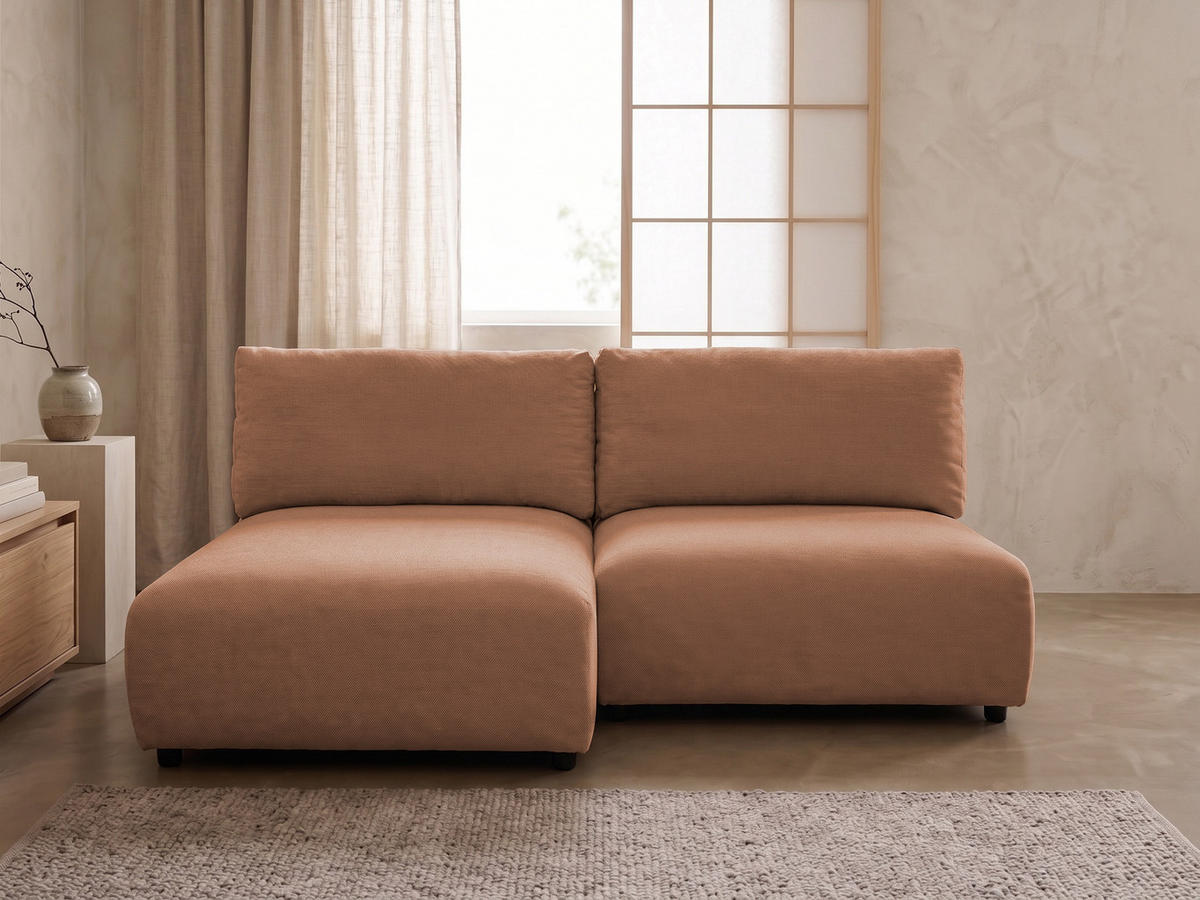 ECKSOFA Sora mit Schlaffunktion, Bettkasten und extra tiefer Komfortzone aus hochwertigem Terrakotta Strukturstoff - Terracotta/Schwarz, Holz/Kunststoff (140/200cm) - S-Style