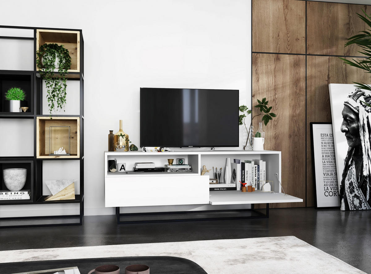 TV-SCHRANK Enjoy Weiß matt mit Metallrahmen Schublade 120 cm - Schwarz/Weiß, Holzwerkstoff/Metall (120/46/35cm) - Meble Lindner