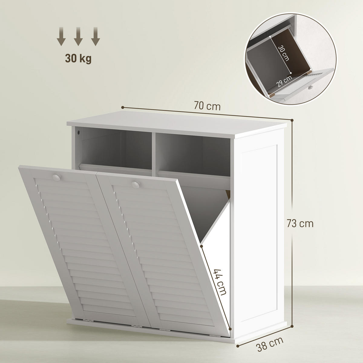 MIDISCHRANK DE-17347 2 Wäschekörbe mit Lamellentüren Weiß - Weiß, Holzwerkstoff (70/73/38cm) - ComfortXL