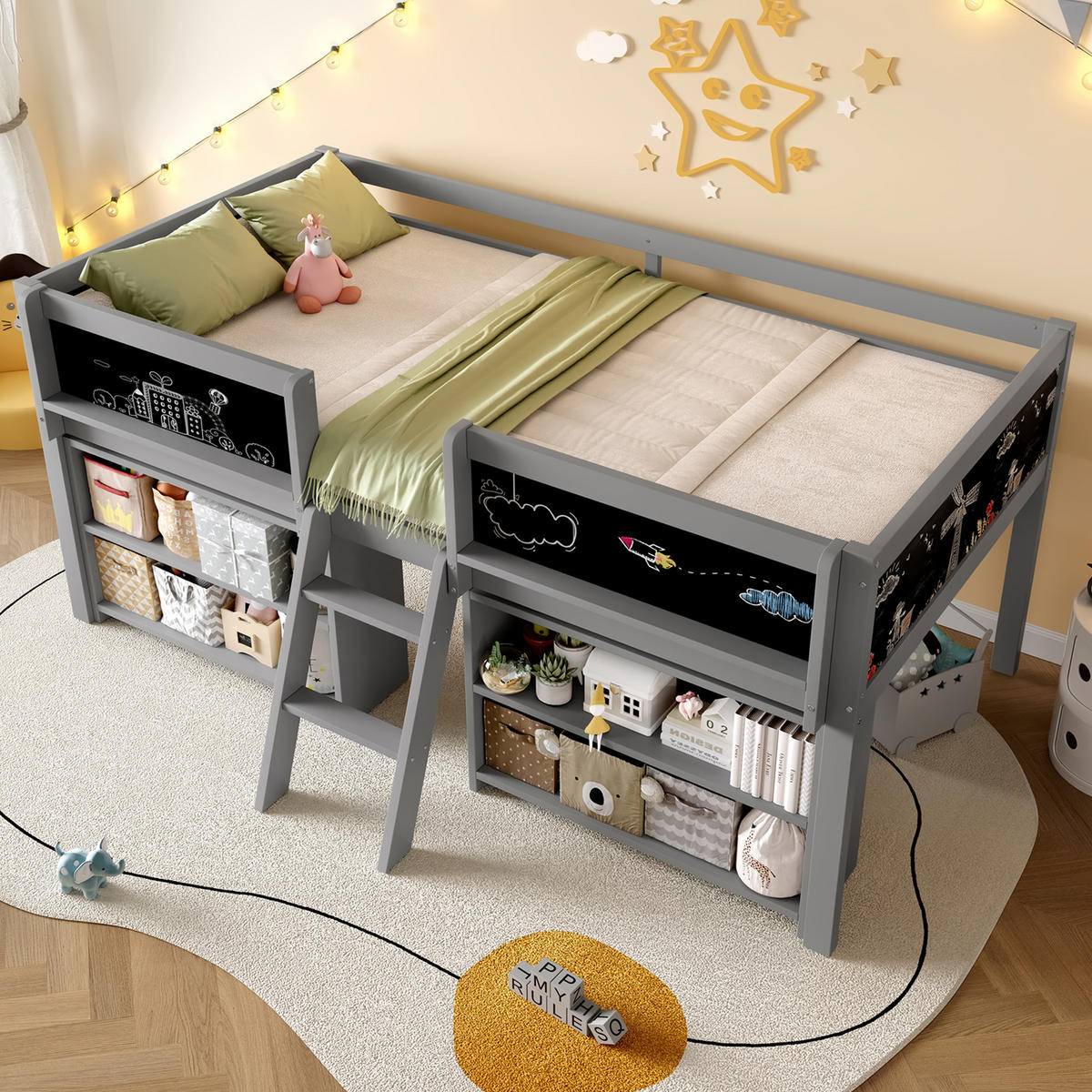 HALBHOHES BETT 90x200cm Grau Kiefer Einlegeböden Geländer Leiter - Grau, Holz (90/200cm) - FLIEKS