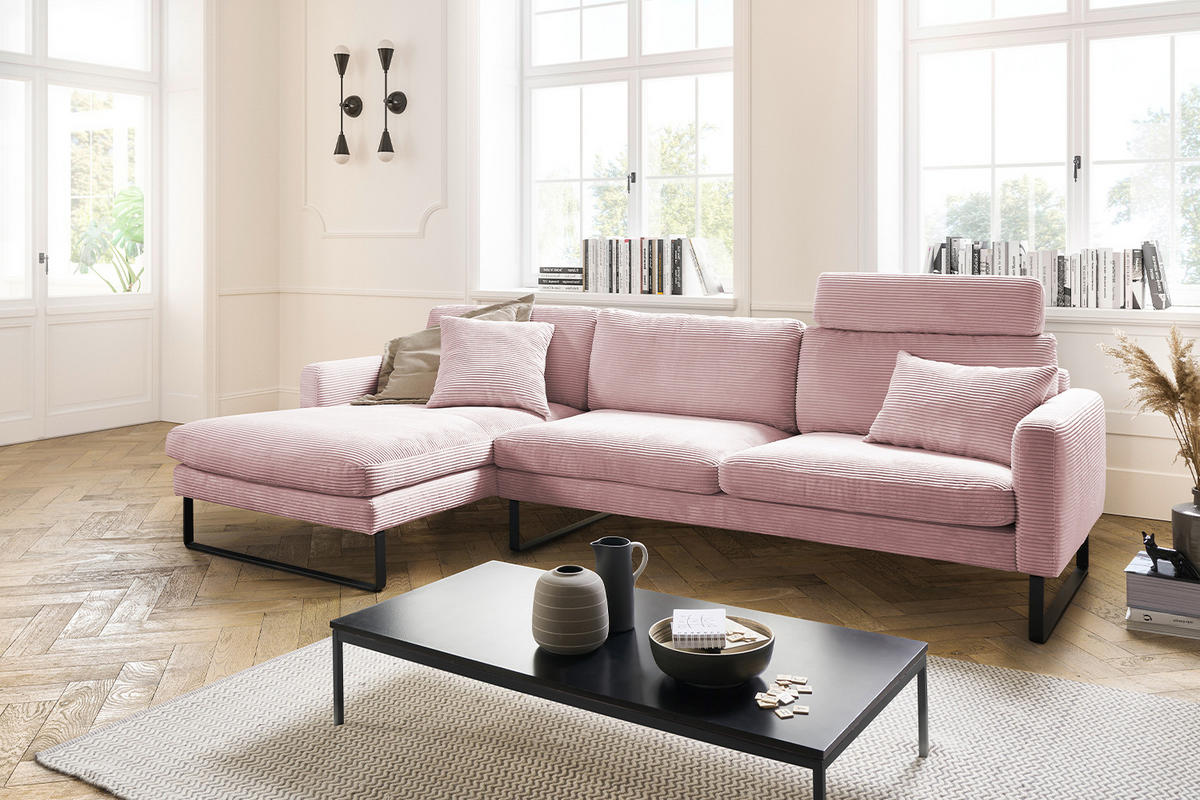 ECKSOFA RICARDA Pink Cord - Pink/Schwarz, Textil/Metall (298/154cm) - KAWOLA