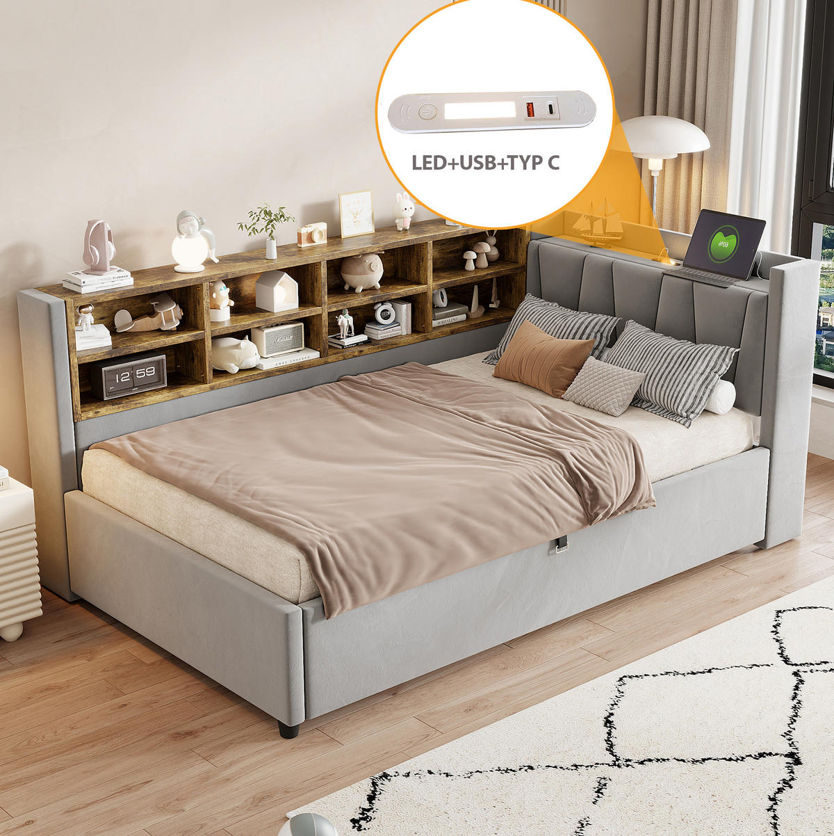 ČALOUNĚNÁ postel 90/200 cm světle šedá ze sametu s úložným prostorem a USB - světle šedá, textil (90/200cm) - OKWISH