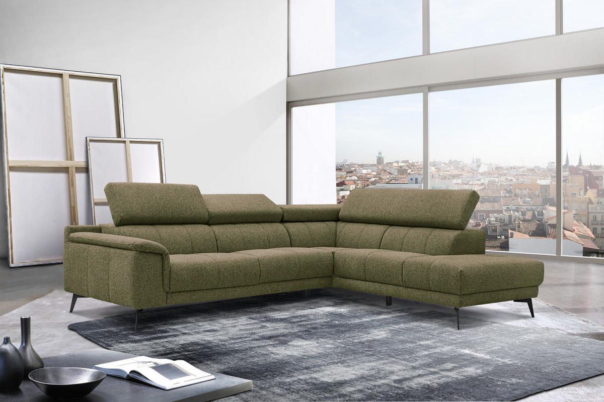 ECKSOFA FIERO 5-Sitzer, olivgrün - Schwarz/Olivgrün, Holzwerkstoff/Textil (290/228cm) - Courtois Laville