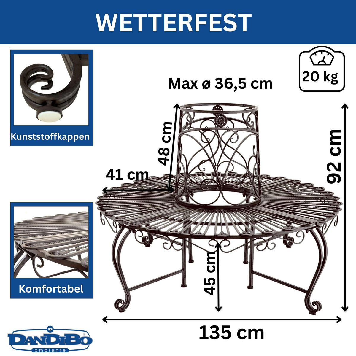 BAUMBANK Rund Metall Wetterfest Braun Rundbank ø 135 cm - Braun, Metall (135/92/135cm) - DanDiBo