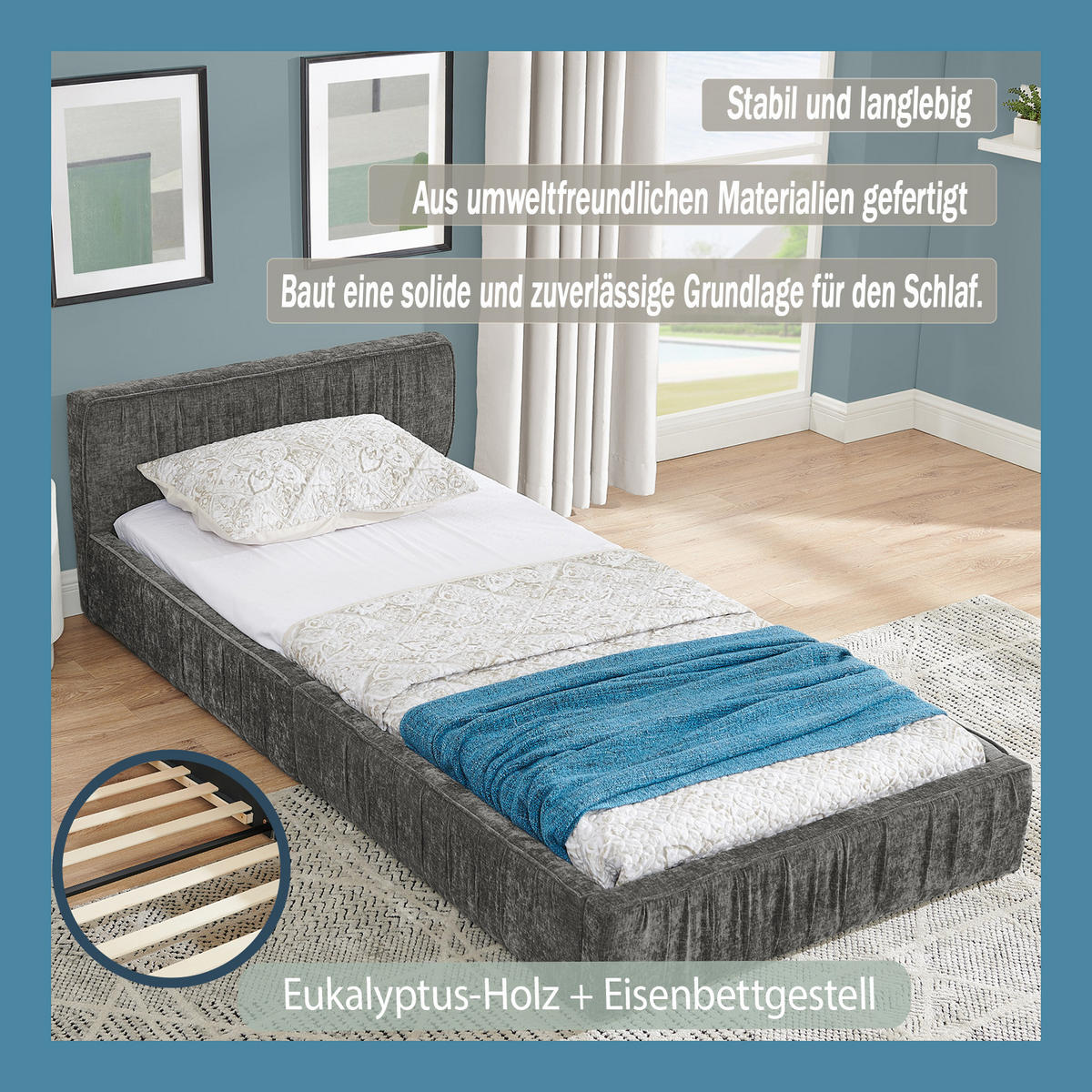EINZELBETT 90x200 cm Chenille Holzrahmen grau - Dunkelgrau, Kunststoff (90/200cm) - LEBENLANG