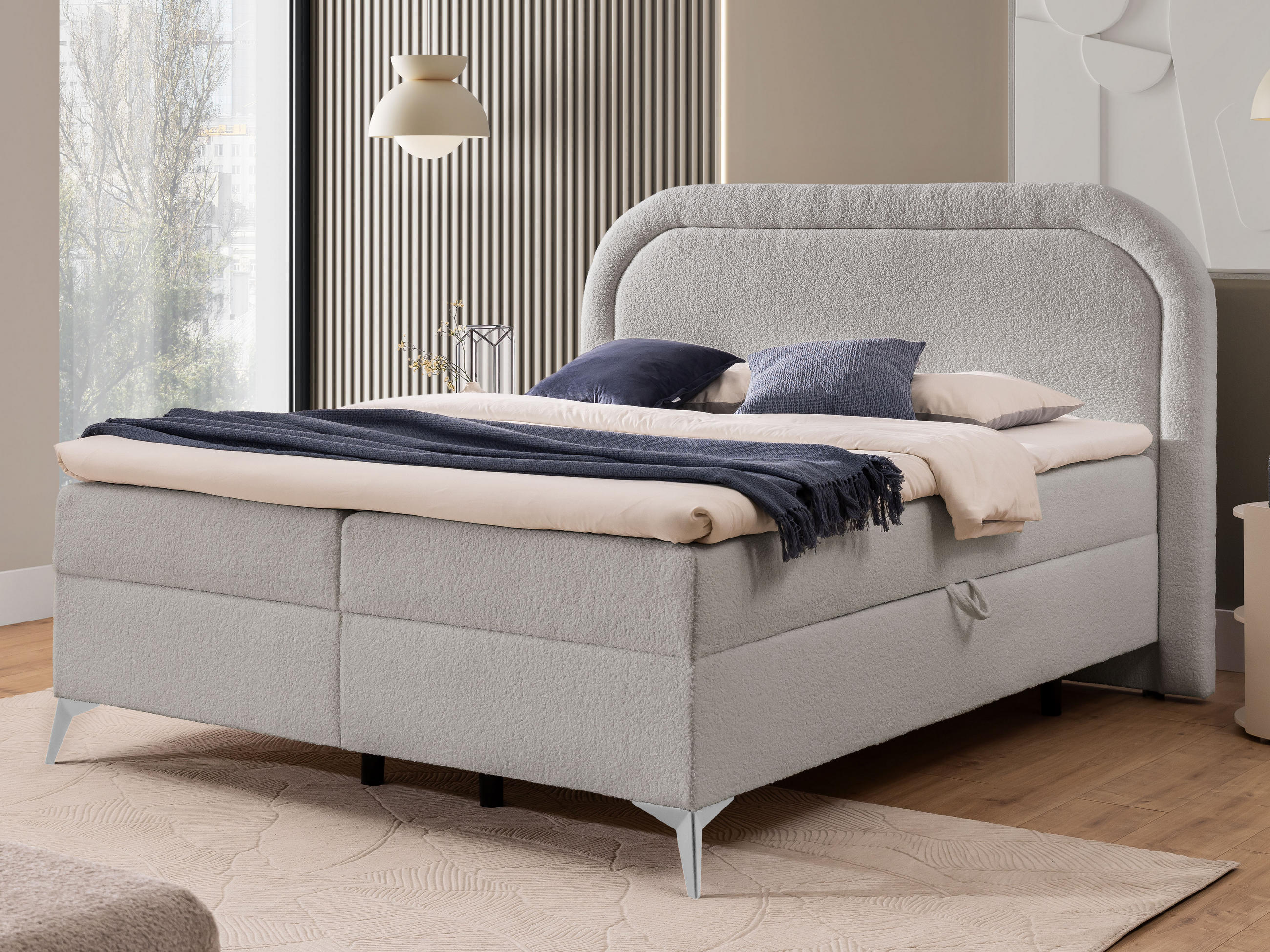 BOXBETT Sonna 180/200 cm Hellgrau Bouclé-Stoff mit abgerundetem Kopfteil und mit silbernen Metallfüßen - Silberfarben/Hellgrau, Holz/Textil (180/200cm) - S-Style Möbel