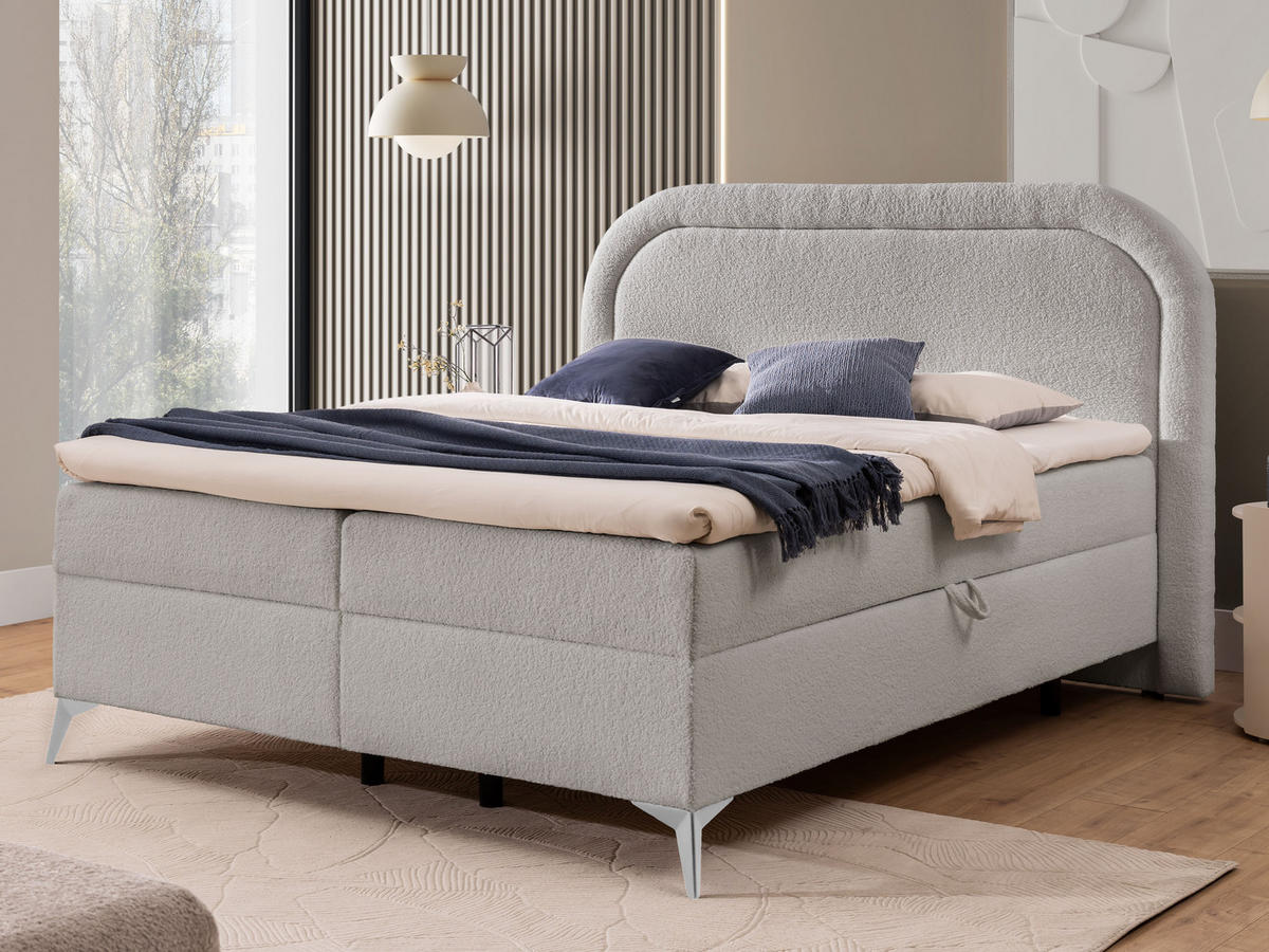BOXBETT Sonna 140/200 cm Hellgrau Bouclé-Stoff mit abgerundetem Kopfteil und mit silbernen Metallfüßen - Silberfarben/Hellgrau, Holz/Textil (140/200cm) - S-Style Möbel