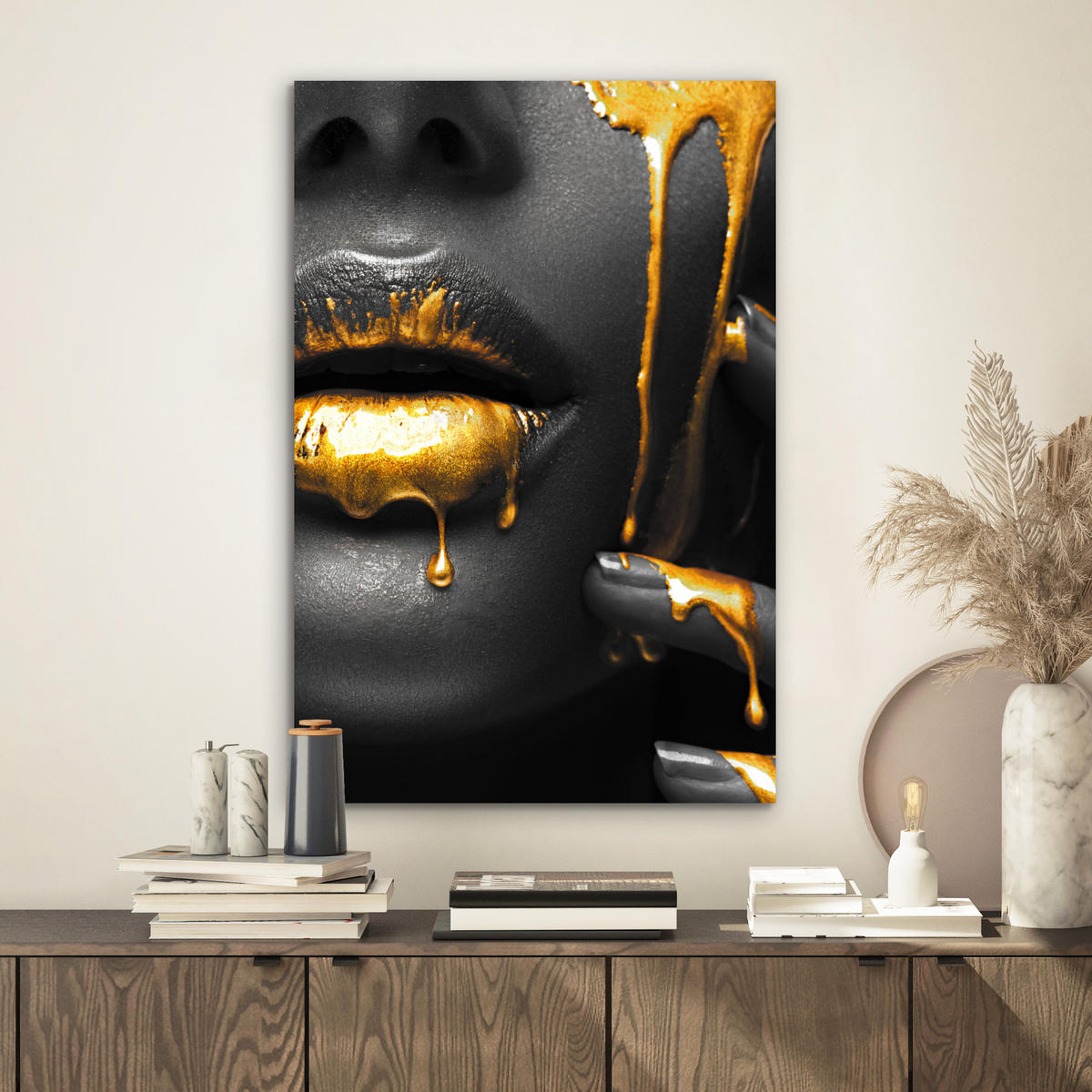 METALLBILD Frau - Schwarz - Gold - Gesicht - Lippen 40x60 cm - Goldfarben, Metall (40/60cm) - MuchoWow
