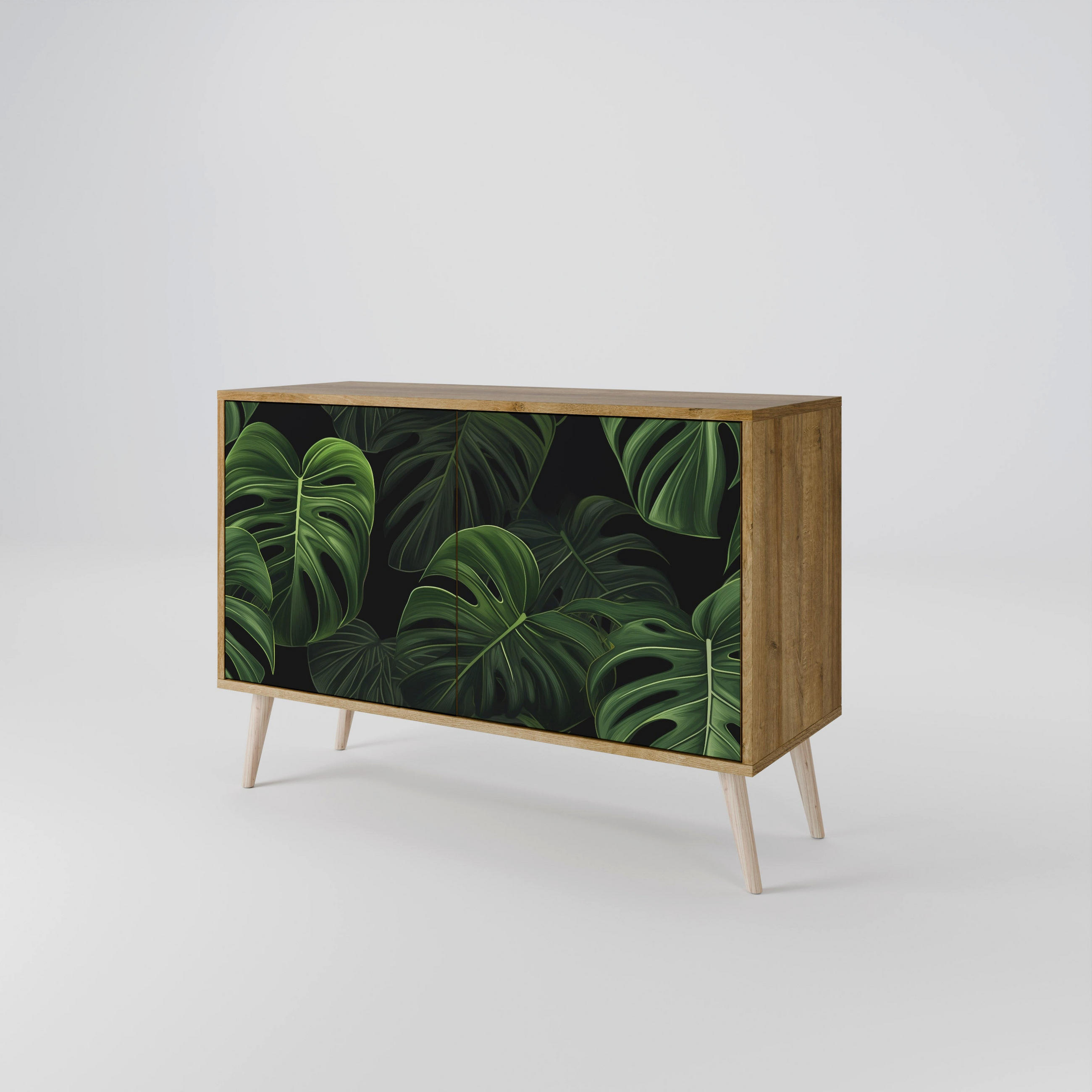SIDEBOARD INFINITE MONSTERA, Eicheneffekt, 111x42x77,5 cm, 2 Türen - Eichefarben/Buchefarben, Holzwerkstoff/Buchenholz (111/77.5/42cm) - SpaceRebels
