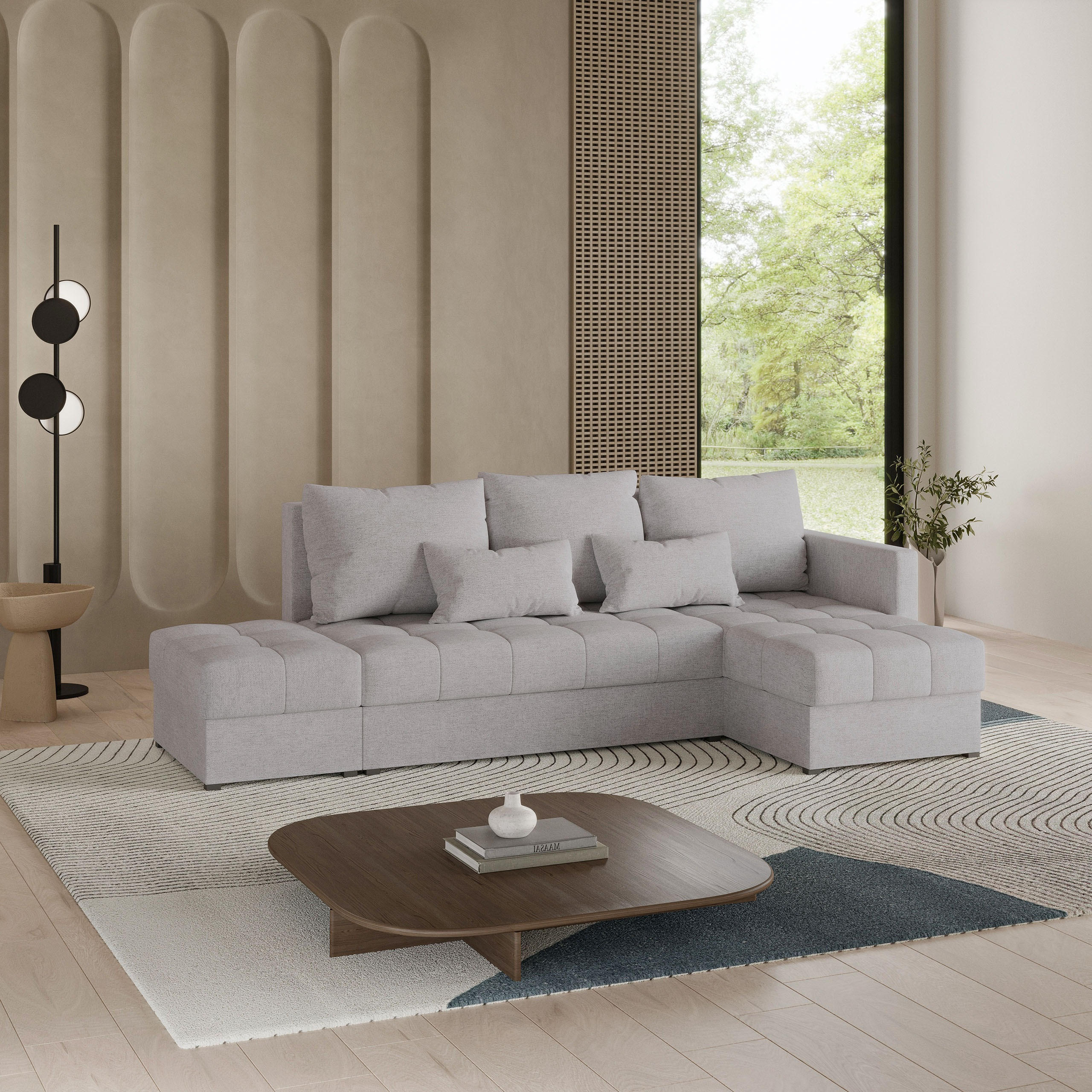 ECKSOFA LUMARI R-S Hellgrau Plüsch-Stoff mit Schlaffunktion - Hellgrau, Holz (262/143cm) - MASSENO