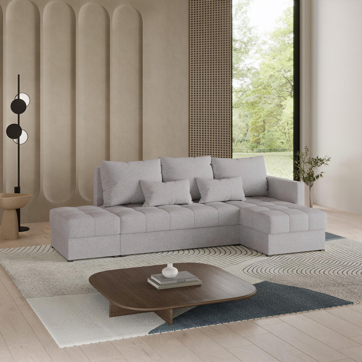 ECKSOFA LUMARI R-S Hellgrau Plüsch-Stoff mit Schlaffunktion - Hellgrau, Holz (262/143cm) - MASSENO
