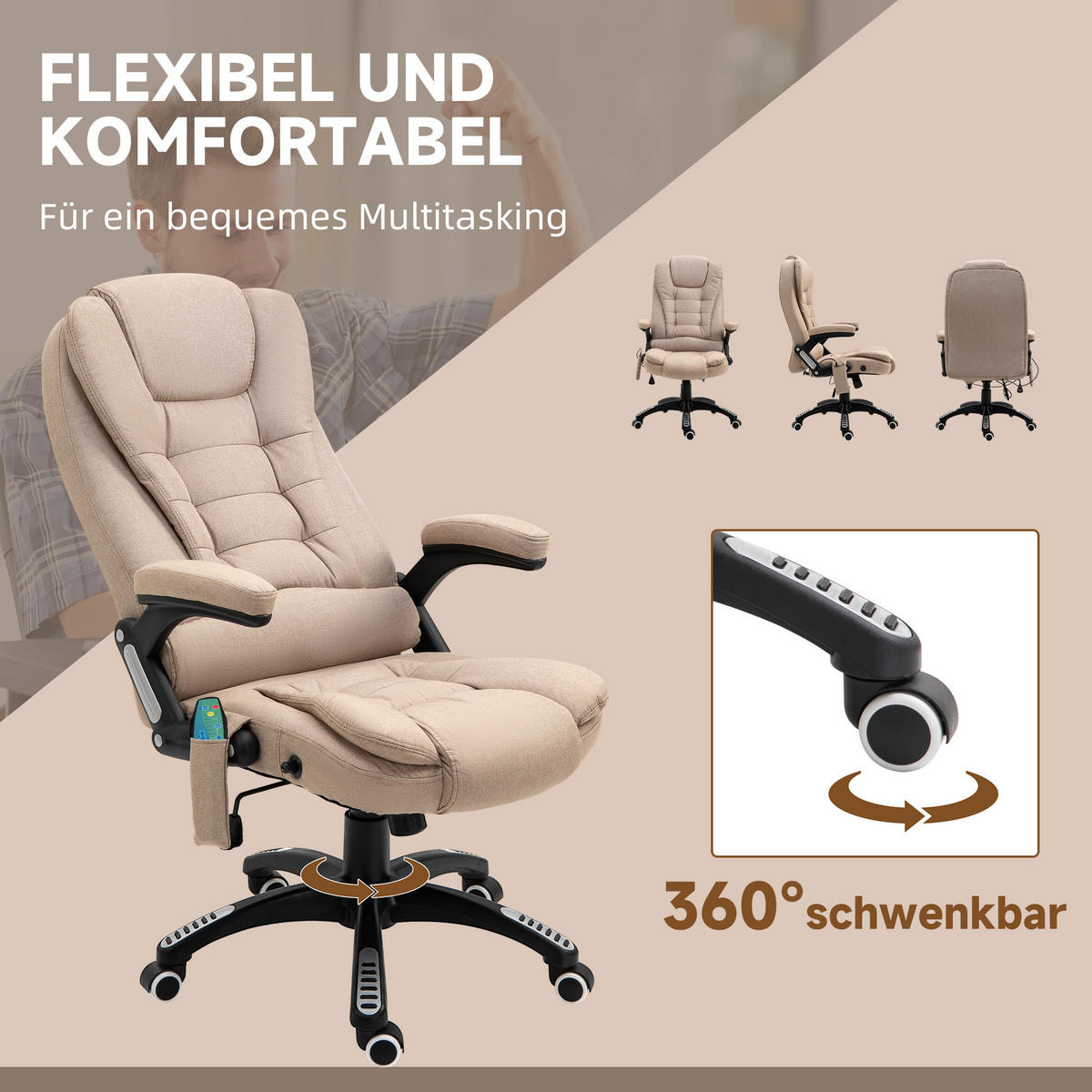 BÜROSTUHL mit Vibrationsmassage, Ergonomisch Schreibtischstuhl Höhenverstellbar - Schwarz/Braun, Kunststoff/Textil (74/116/67cm) - Vinsetto