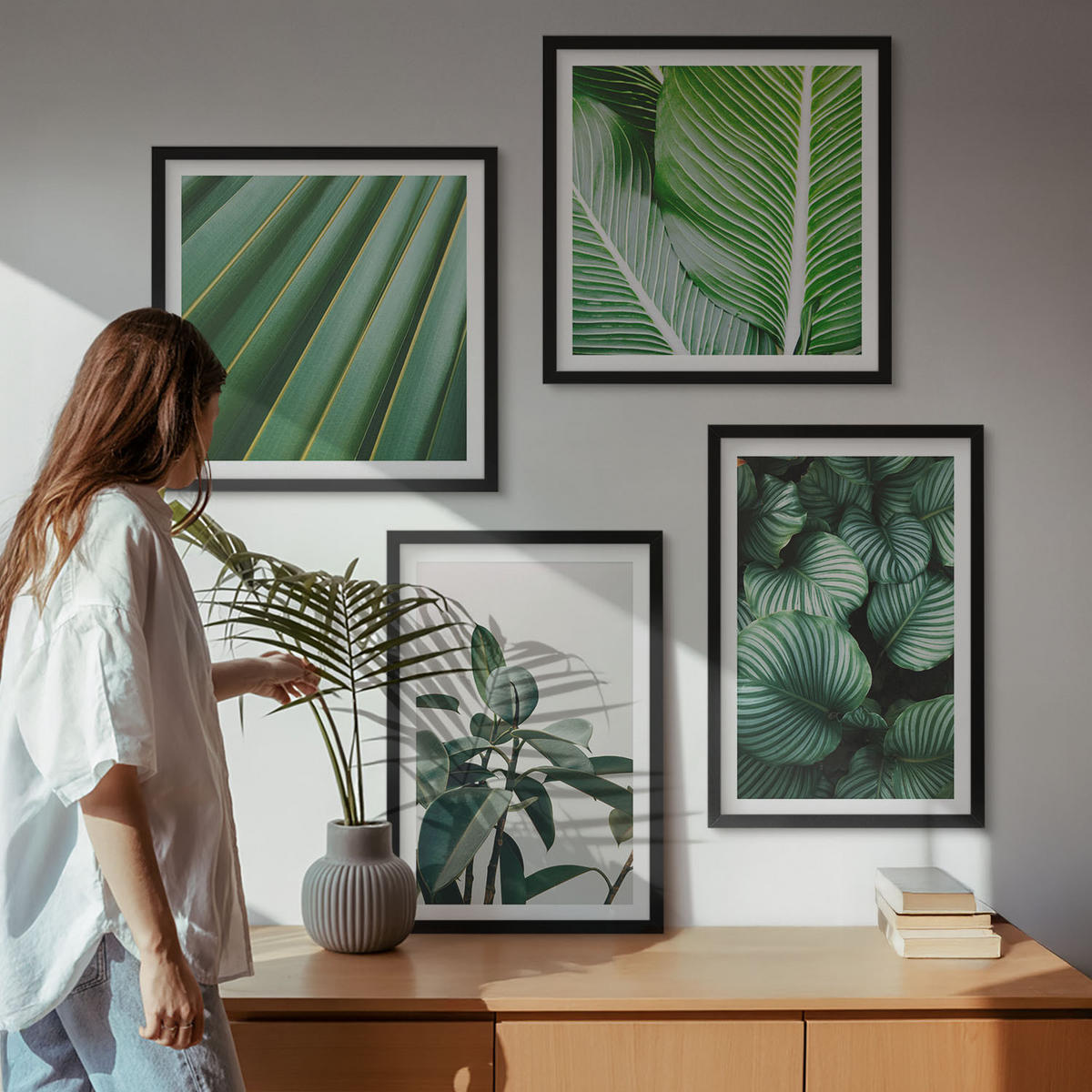 WANDBILDER 4er-Set - 50x50 cm & 40x60 cm Schwarzer Rahmen - Tropische Blätter in Grün - Schwarz, Kunststoff (50/50cm) - ArtPrintCave