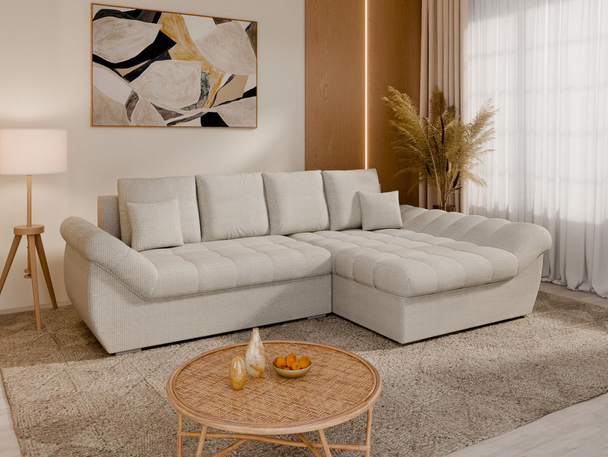 ECKSOFA ZAYA mit Schlaffunktion L-Form, Sofa mit Bettkasten, Wohnzimmersofa, Couch, Soffa, Bettsofa, RECHTS- Creme - Creme, Holz (279/175cm) - Homesy
