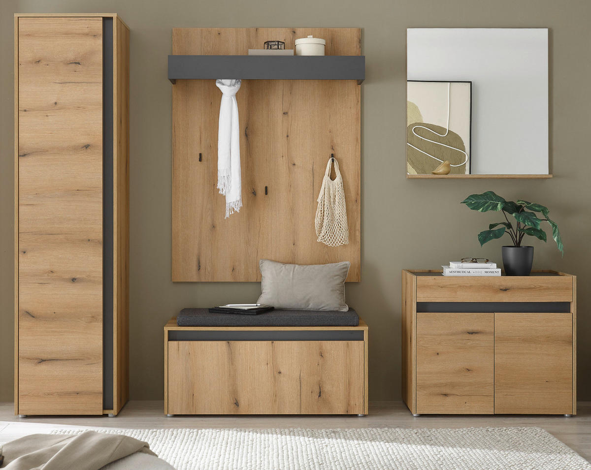 GARDEROBEN-SET Evoke Eiche, grau 6-teilig 260 cm, Garderobenkombination viel Stauraum - Eichefarben/Schwarz, Glas/Holzwerkstoff (260/200/40cm) - Furn.Design