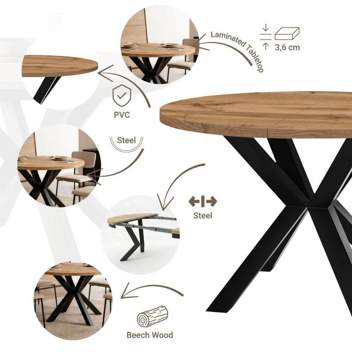 ESSTISCH RAL mit Holzbeinen, Durchmesser: 90 / 140 cm Schwarz / Buche Natur - Buchefarben/Schwarz, Holz (90/140/77cm) - Dekori_Interiors