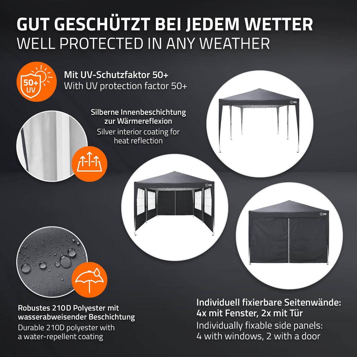POP UP PAVILON 3x6 m antracitový skládací pavilon, vodotěsný, stabilní, se 6 bočními stěnami - šedá, textil (600/260/300cm) - ECD-Germany