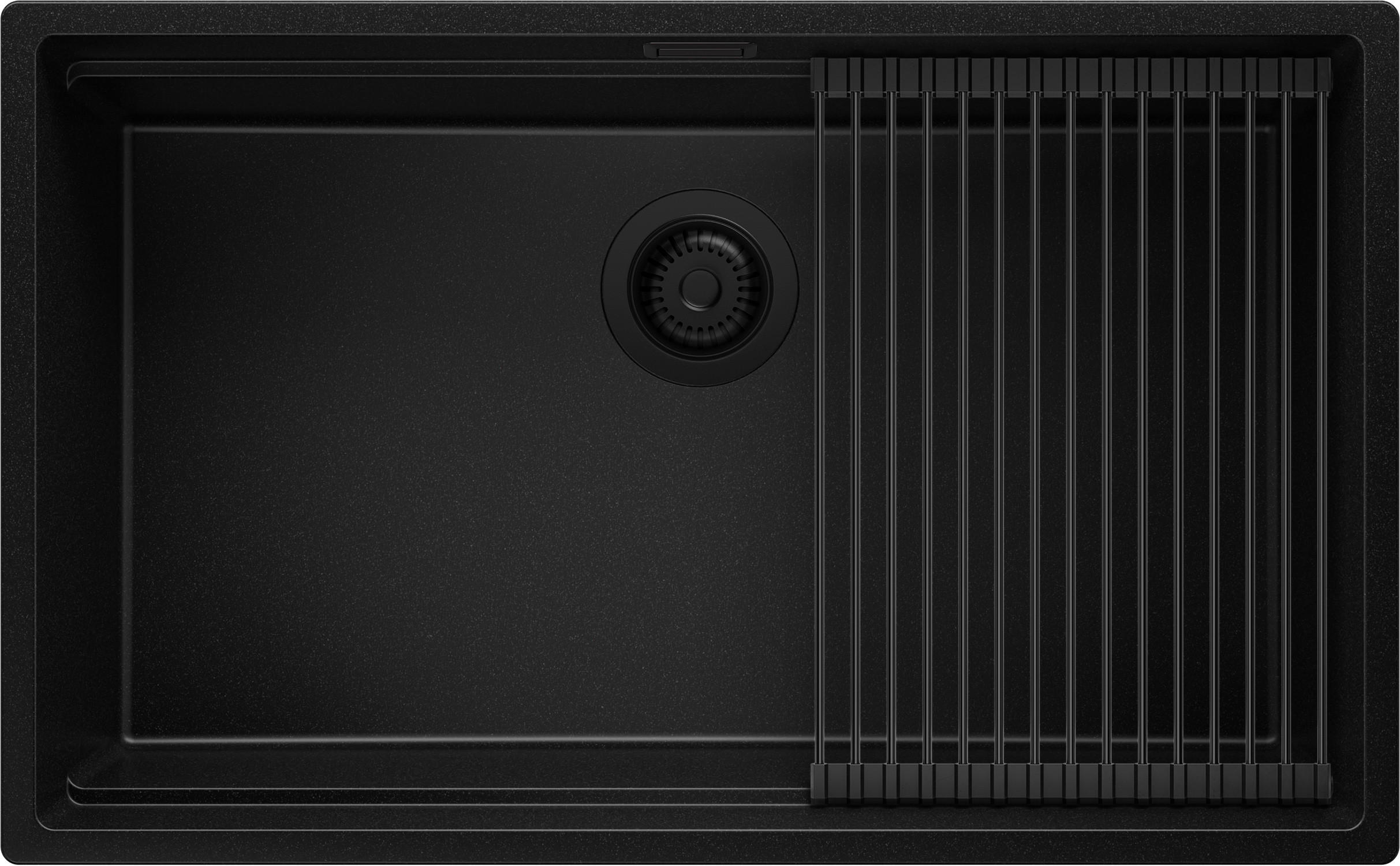 SPÜLBECKEN Praga Slim, 2-er set Alles Schwarz 76/47 cm 1 Becken + Ablauf-Set + Aufrollbare Abtropffläche ab 80er Unterschrank - Schwarz, Kunststoff (76/20/47cm) - Primagran