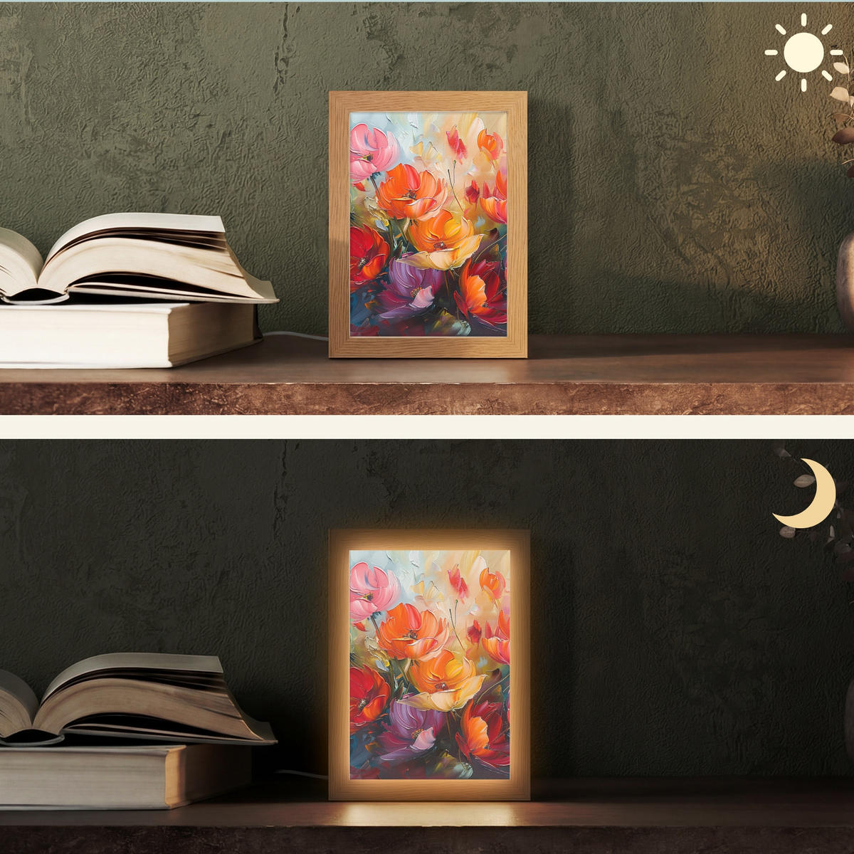 STOLNÍ LAMPA Květiny - barevné - malba - abstraktní - umění 15x20 cm - barva hliníku, kompozitní dřevo (8/15/20cm) - OnlyWow