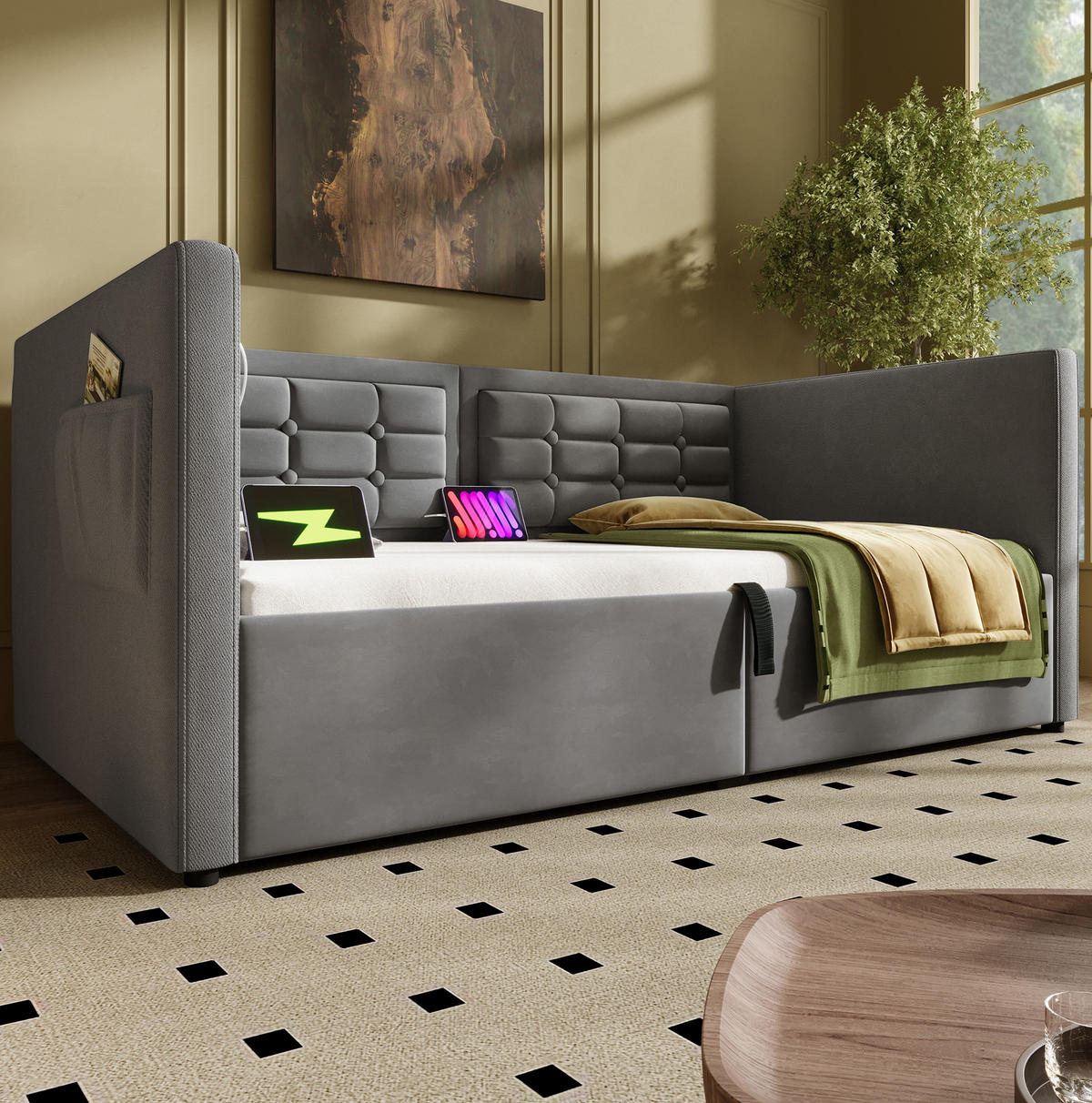 POLSTERBETT aus Samt 90x200 cm in Grau mit Stauraum & Ladestation - Grau, Textil (90/200cm) - Modfu