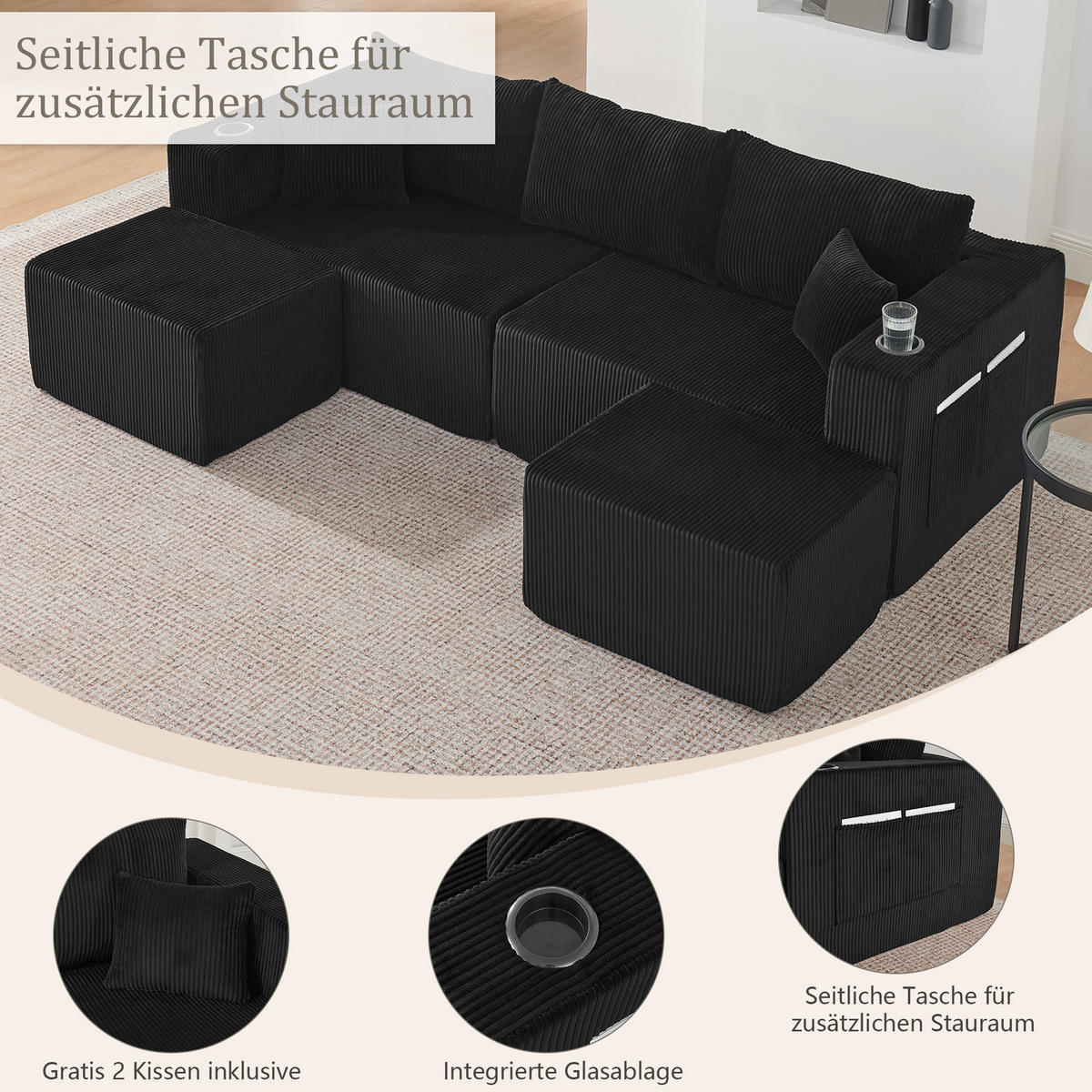 WOHNLANDSCHAFT DE-34629 modular mit 2 Ottomanen Schwarz - Schwarz, Textil (138/75/230cm) - ComfortXL