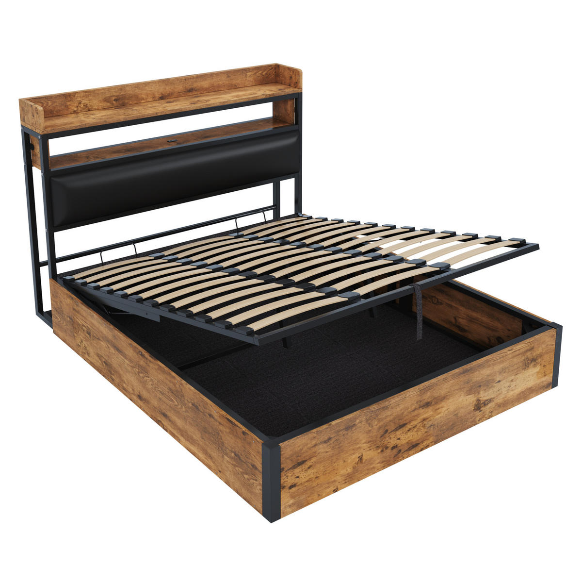 ČALOUNĚNÁ postel 180/200 cm, kov a dřevo černá, s hydraulickým úložným prostorem a USB - černá, kov (180/200cm) - BEAOK