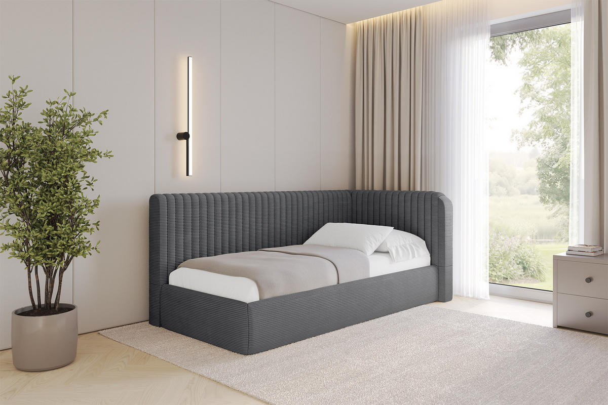EINZELLBETT Jugendbett mit Bettkasten, Links - AURY 100x200 Dunkelgrau - Graphitfarben, Holzwerkstoff/Textil (100/200cm) - ALTDECOR