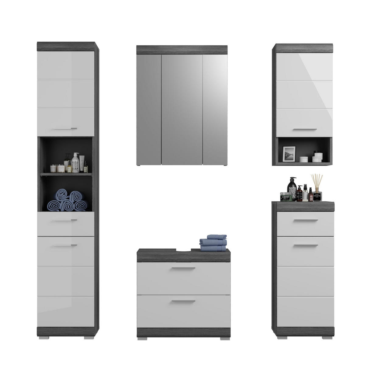 BADKOMBINATION 5tlg. Scout Bad in Rauchsilber Nachbildung und weiß hochglanz B/H/T: 164x191x34 cm - Anthrazit, Holz (164/191/37cm)