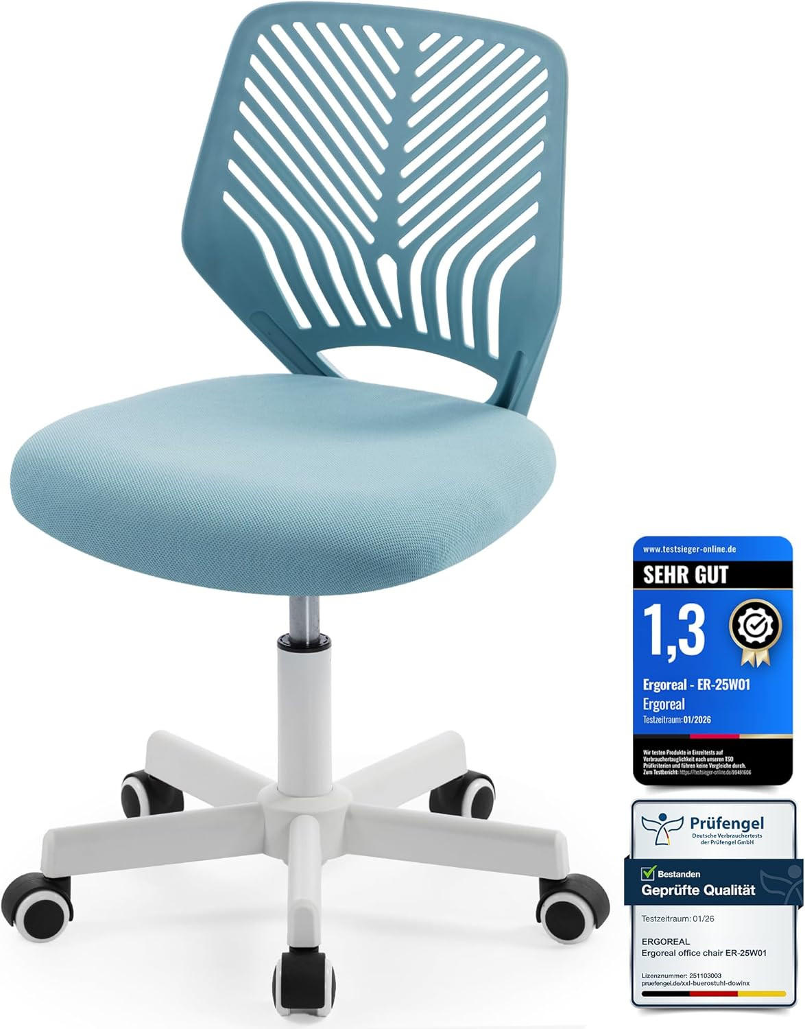 BÜROSTUHL Ergonomischer ohne Armlehne, mit Rollen & Höhenverstellung - Blau, Metall (55/79/55cm)