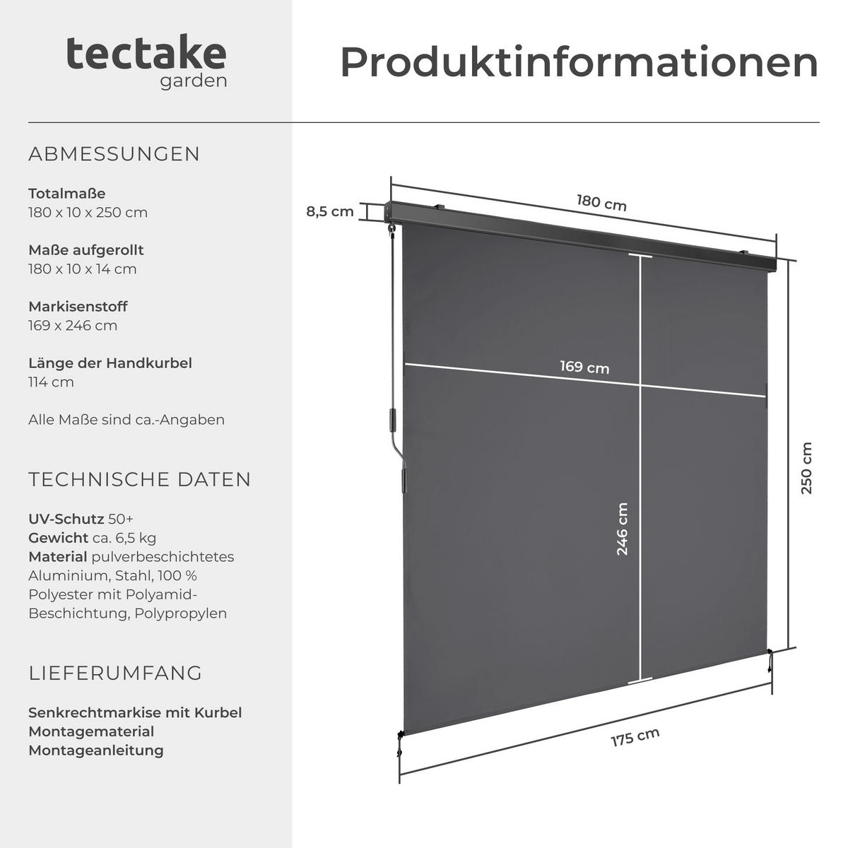 SENKRECHTMARKISE Eloise,inkl. Wandhaltern,dunkelgrau - Dunkelgrau, Kunststoff (180/250cm) - tectake