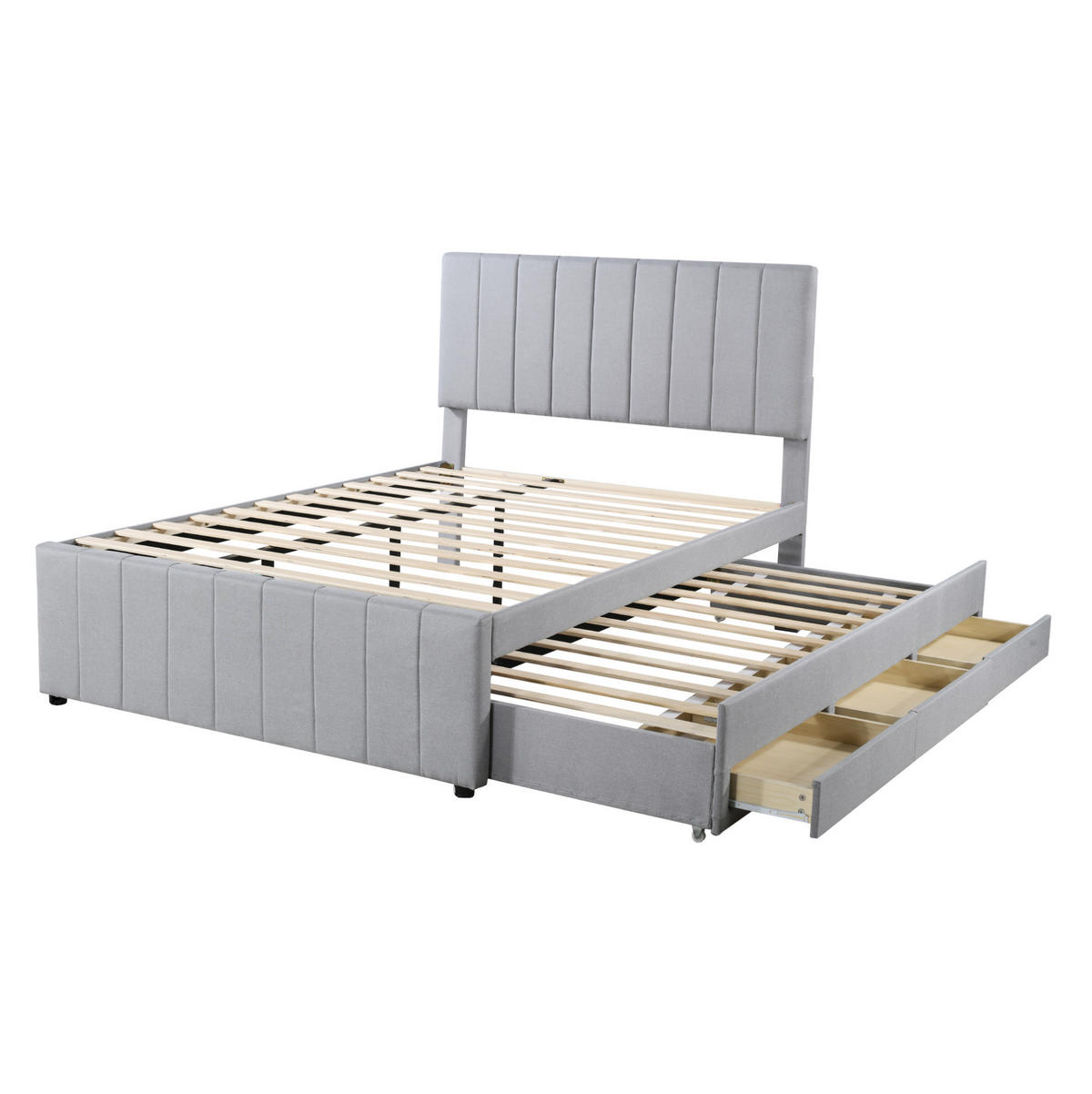 POLSTERBETT 140/200 cm mit Ausziehbett und 3 Schubladen, gepolstertes Kopfteil - Grau, Textil (140/200cm) - BEAOK