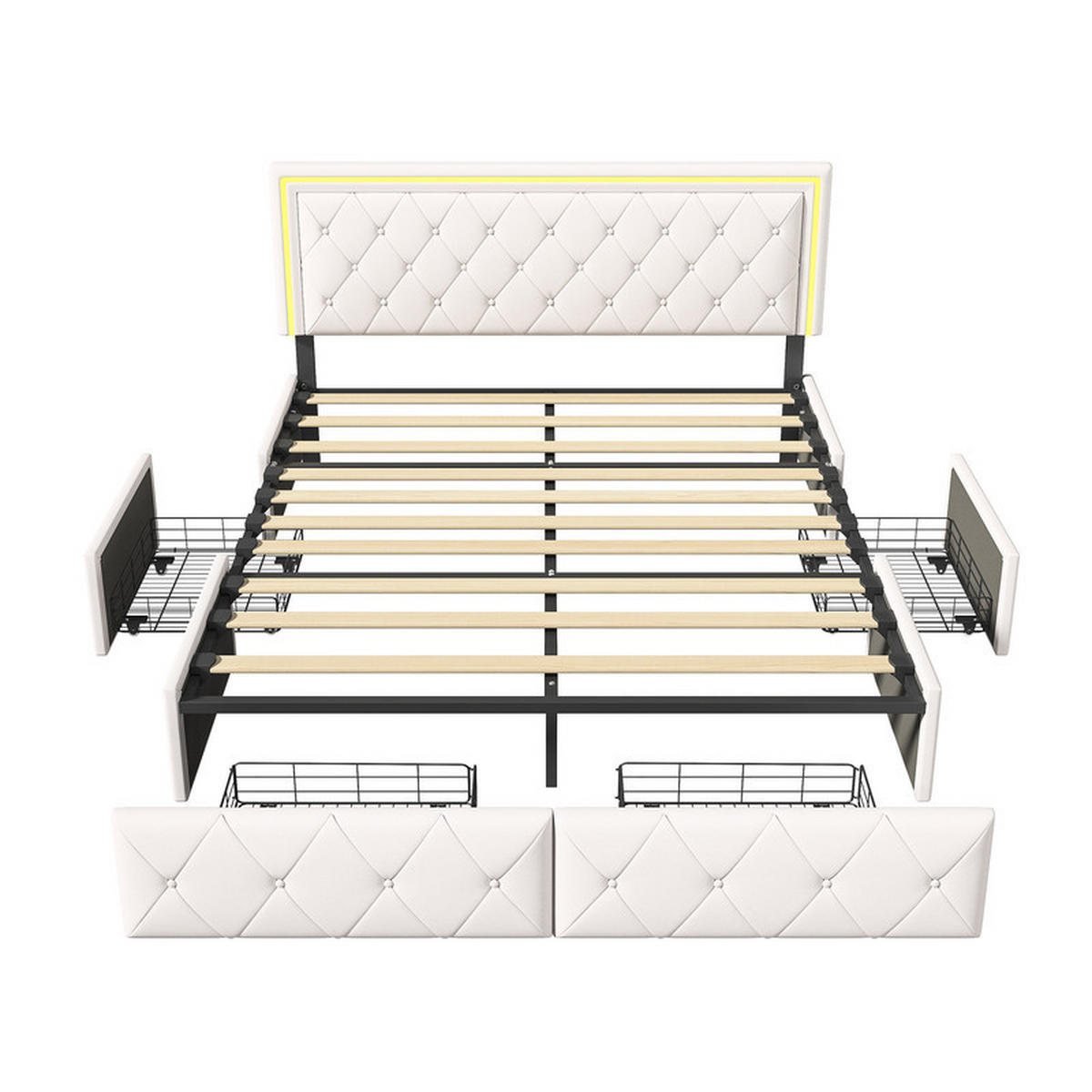 POLSTERBETT 140x200 cm, mit LED-Lichtleiste und 4 Schubladen, Lattenrost, PU, beige, ohne Matratze - Beige, Holz (140/200cm) - WoodenAura